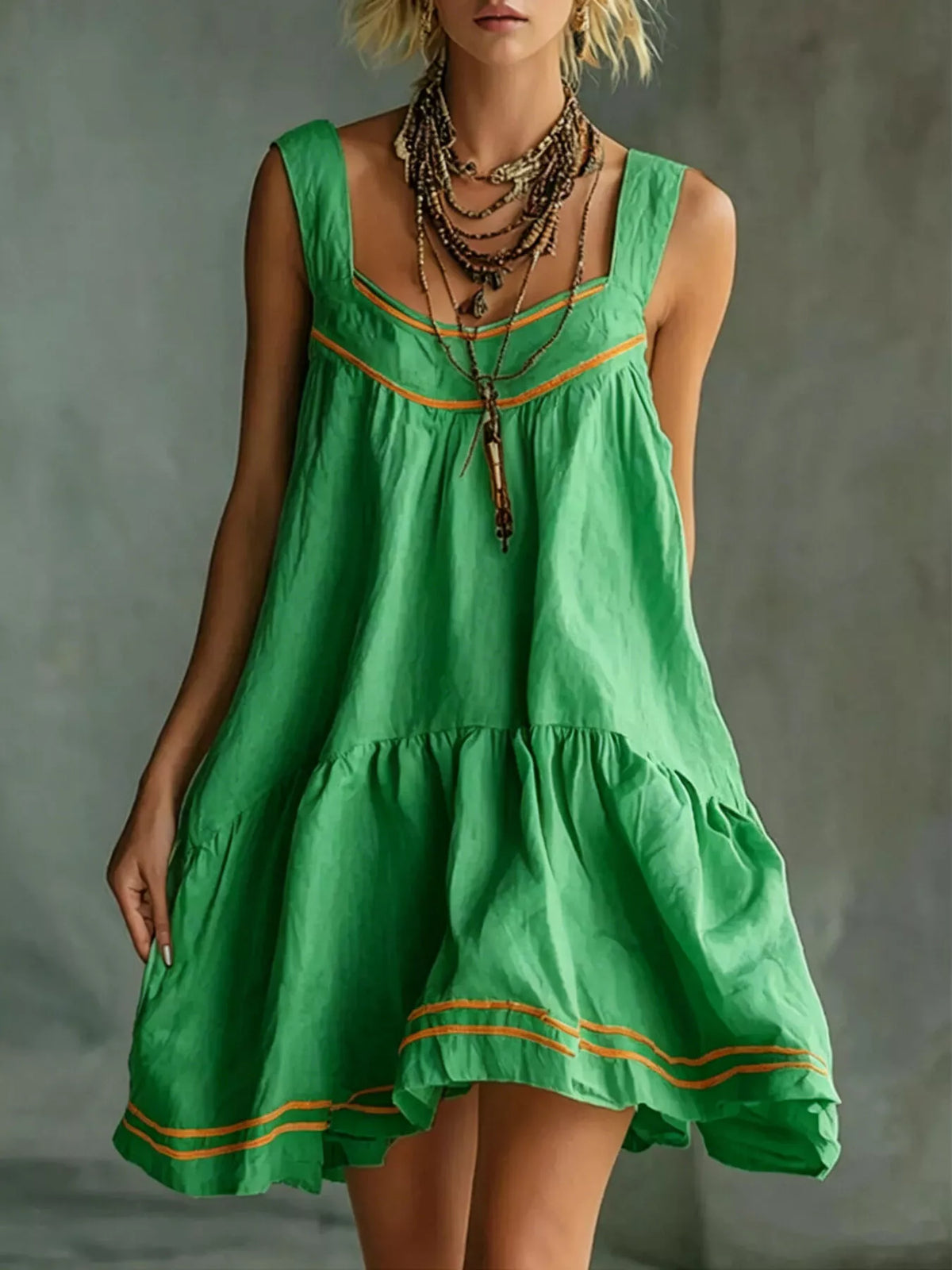 Green sleeveless tiered ruffle mini dress with orange trim and gathered skirt tiers