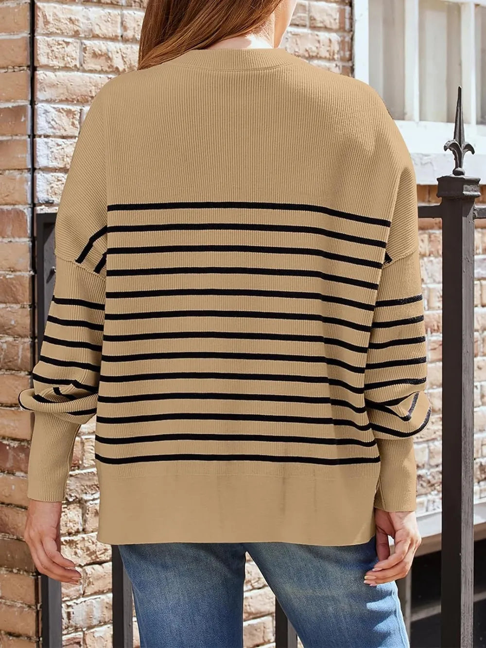 Camel crew-neck sweatshirt back view with black horizontal stripe panel