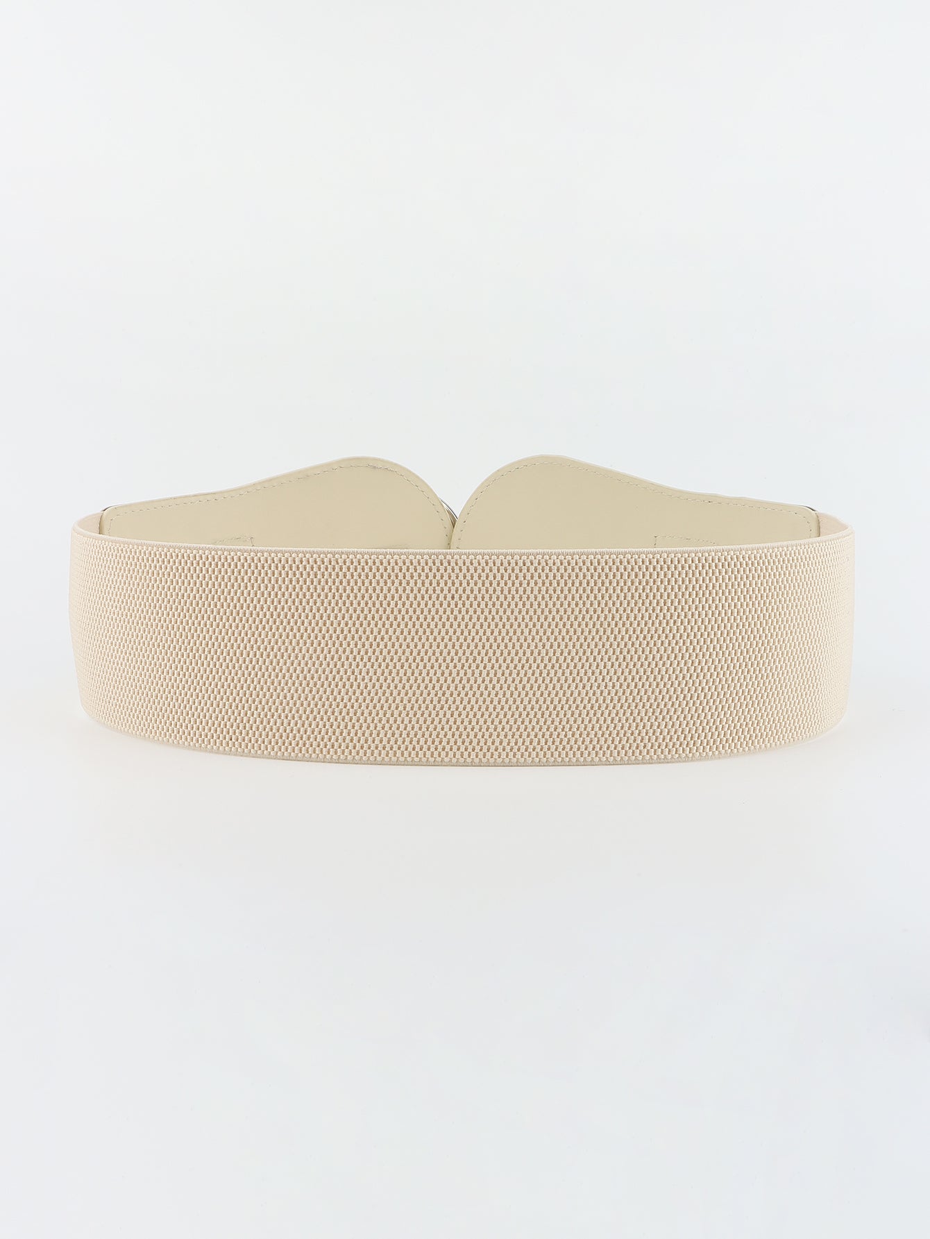 Cream elastic wide belt with textured weave and curved front edge