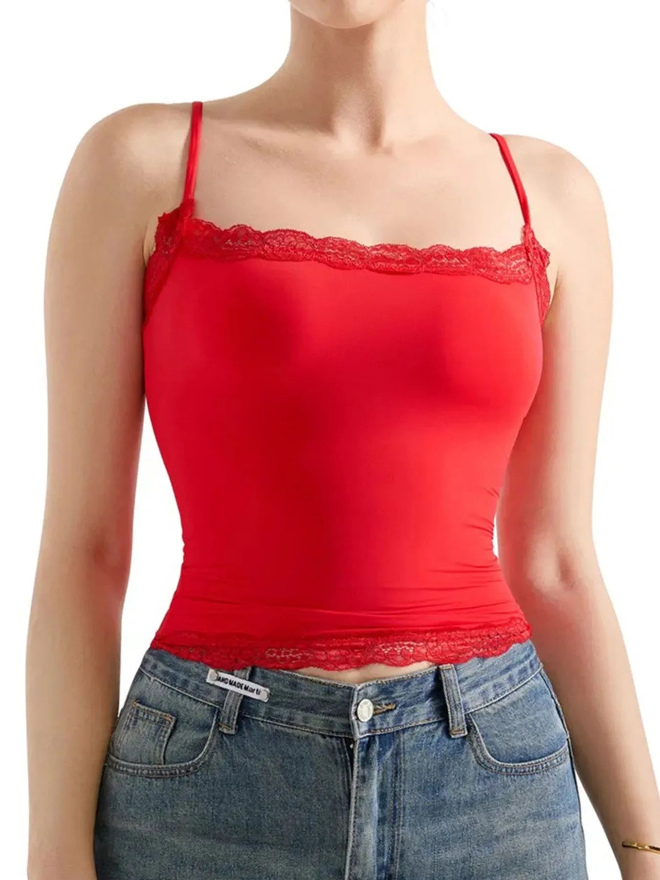 Red lace-trim cami top with thin straps and scalloped lace neckline border