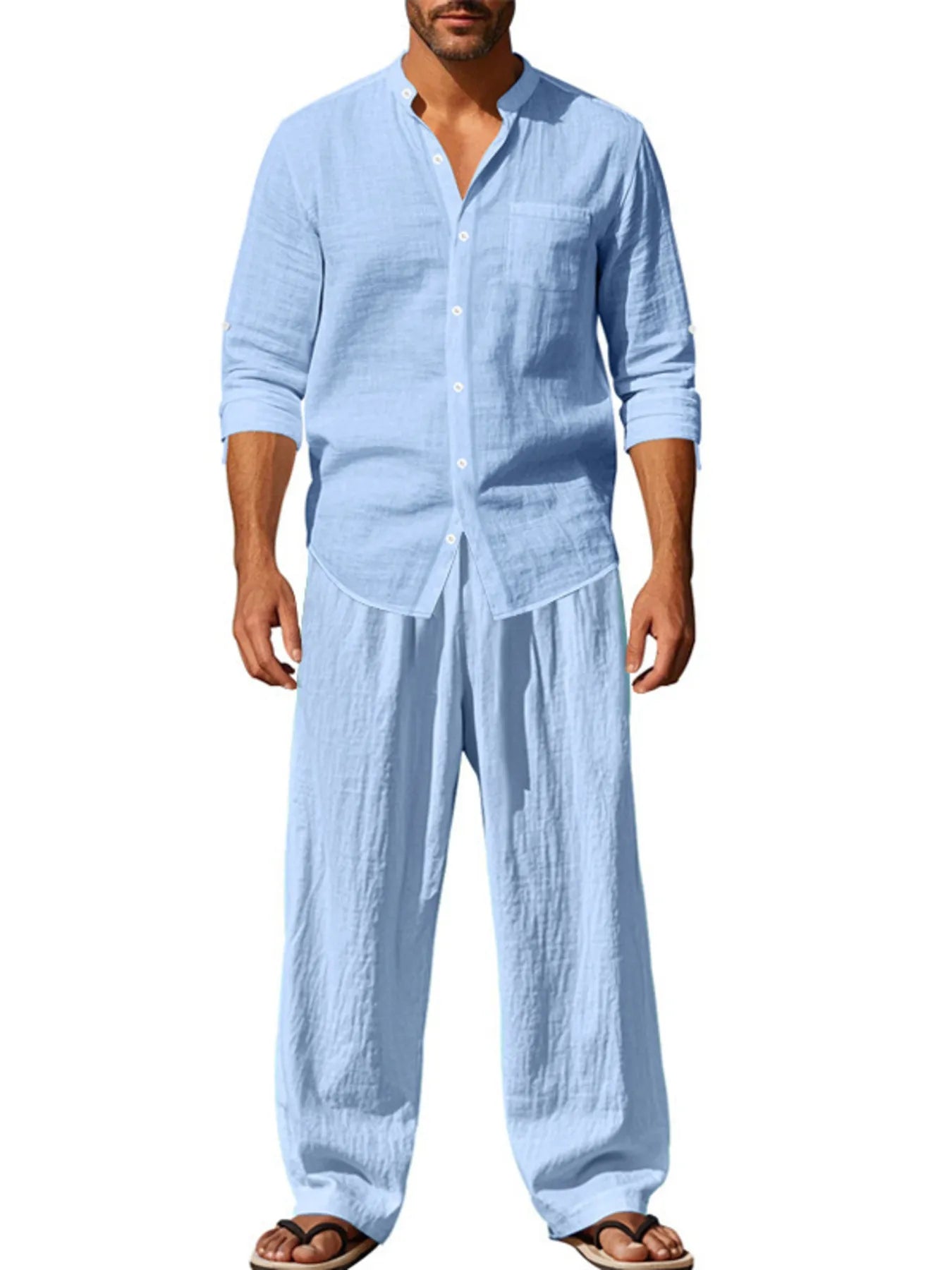 Light blue button-up shirt and pants set, back view with 3/4 sleeves and front buttons