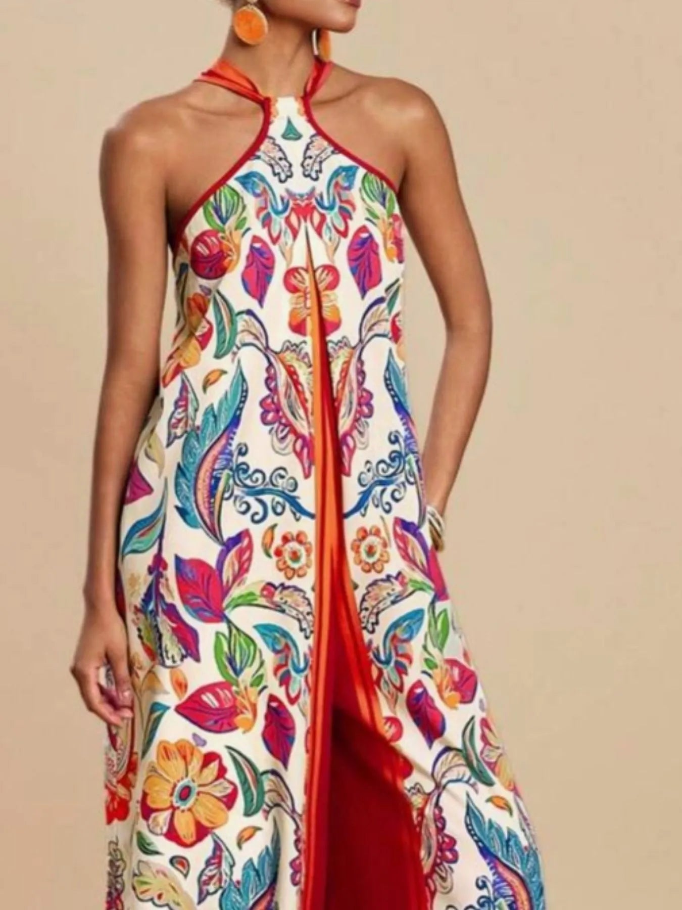 Multicolor halter wide-leg jumpsuit with floral bird print and red halter trim