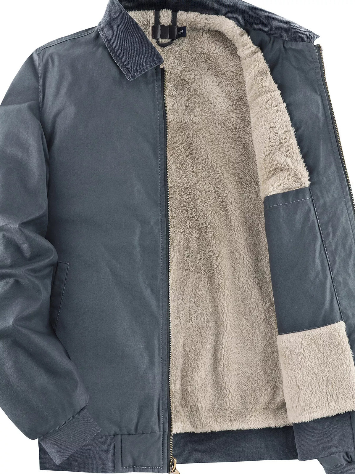 Men's sherpa-lined zip-up jacket with full-zip front and pocket accents, blue-gray tone.