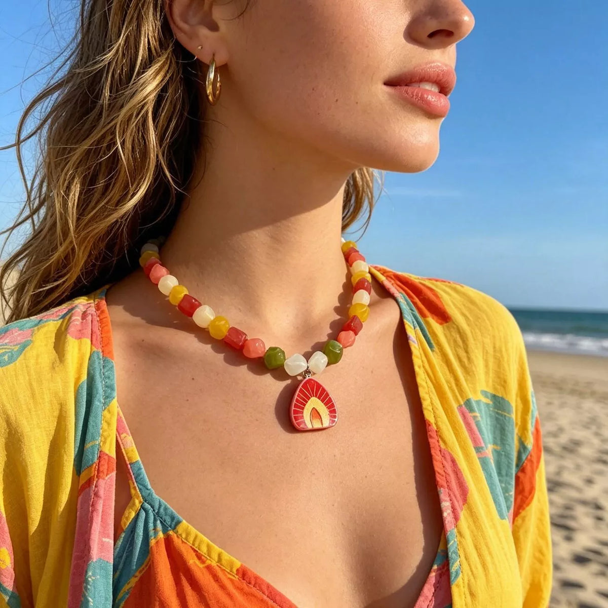 Colorful beaded necklace with red arched resin pendant on a layered neckline