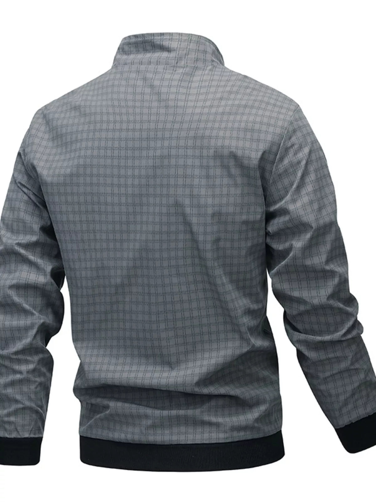 Men's plaid zip-up lightweight jacket, gray check, hooded back view, elastic cuffs.