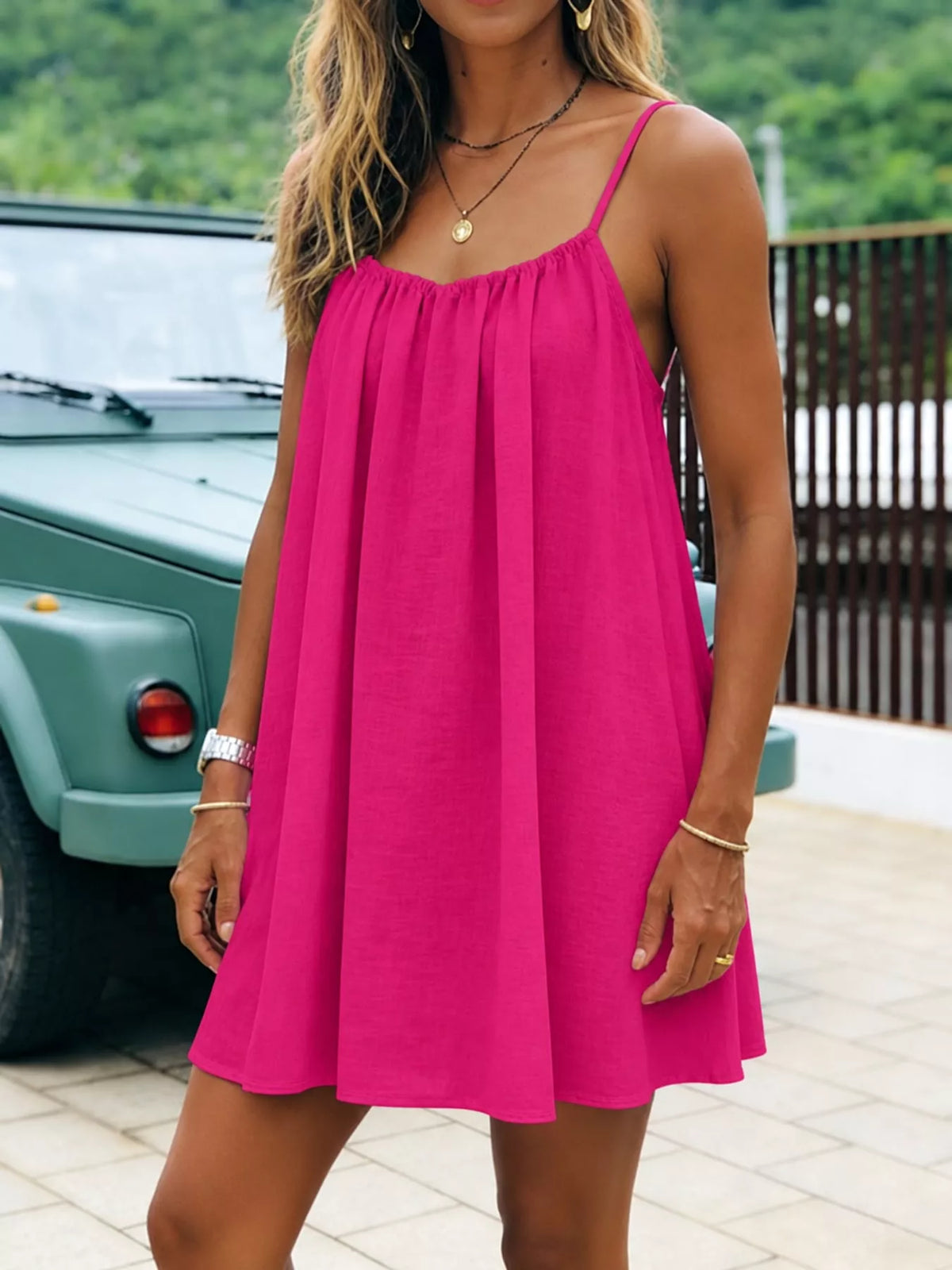 Spaghetti-strap ruched mini dress, hot pink, thin straps with gathered neckline