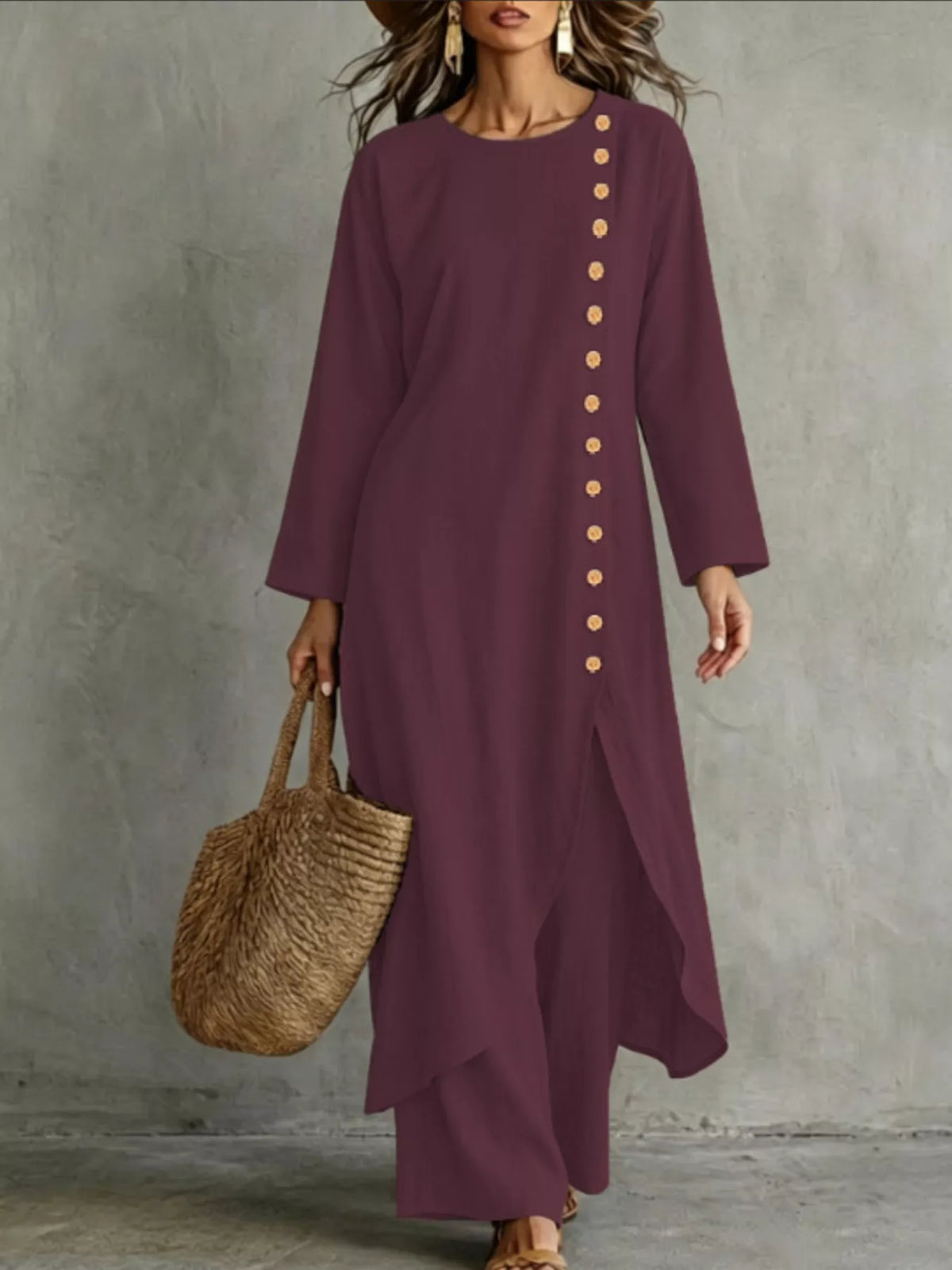 Burgundy longline tunic and matching pants set, gold side buttons, 3/4 sleeves