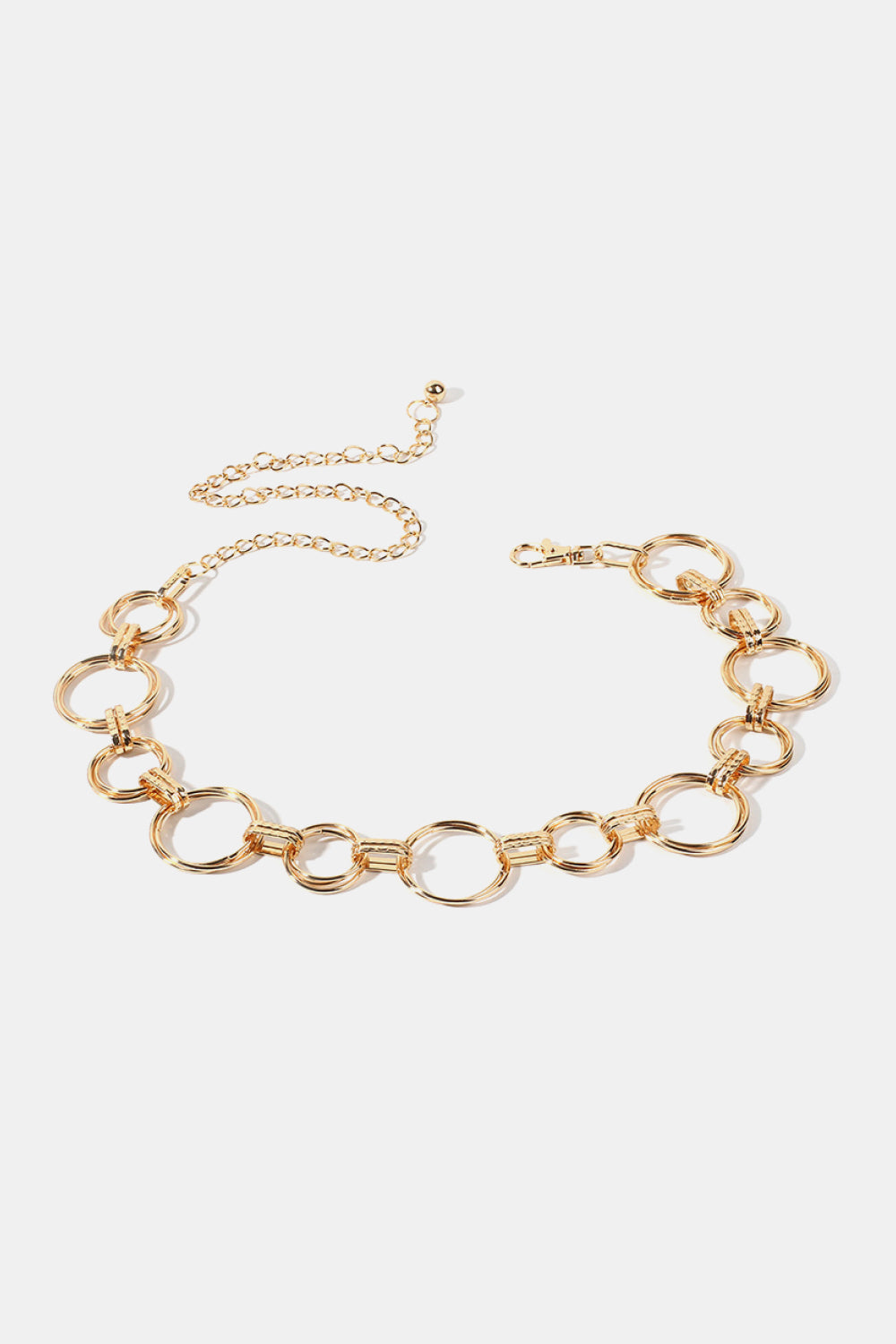 Gold alloy chain belt with circular link segments and small connector rings