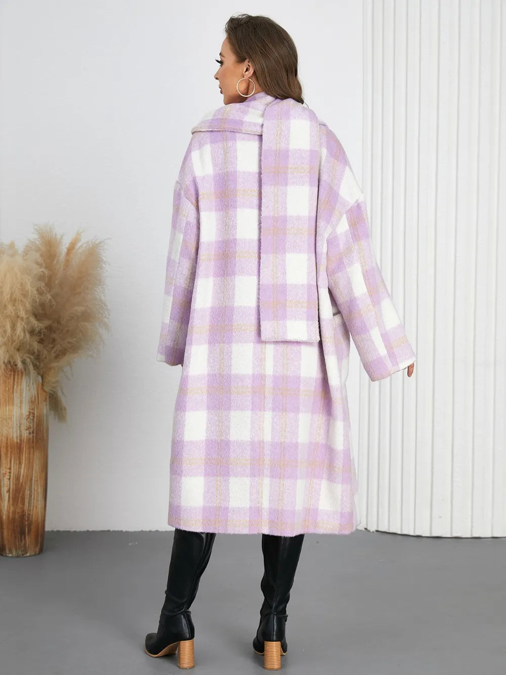 Plaid button-up long coat back view in lavender and white with hooded collar and long hem