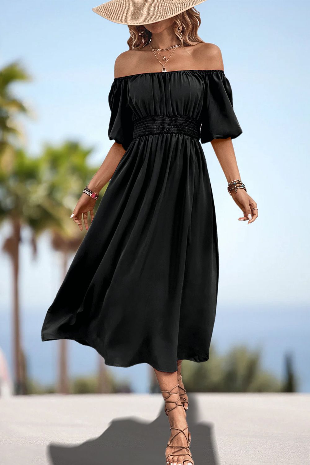 Black off-shoulder smocked waist midi dress with puff sleeves and gathered waist