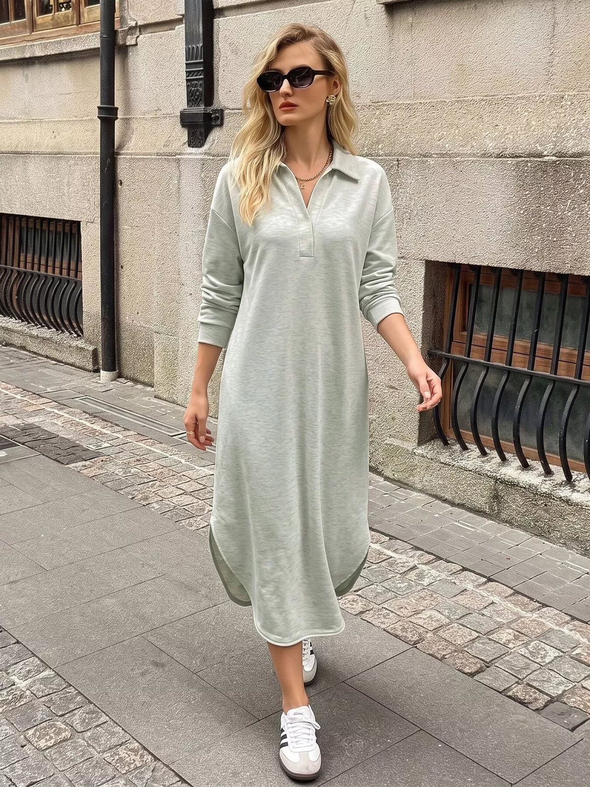 Light gray polo collar long-sleeve midi dress with relaxed fit and side slit