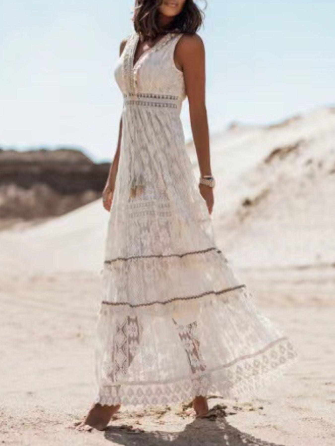 Lace V-Neck Sleeveless Maxi Dress by Trendsi in ivory lace with tassel details