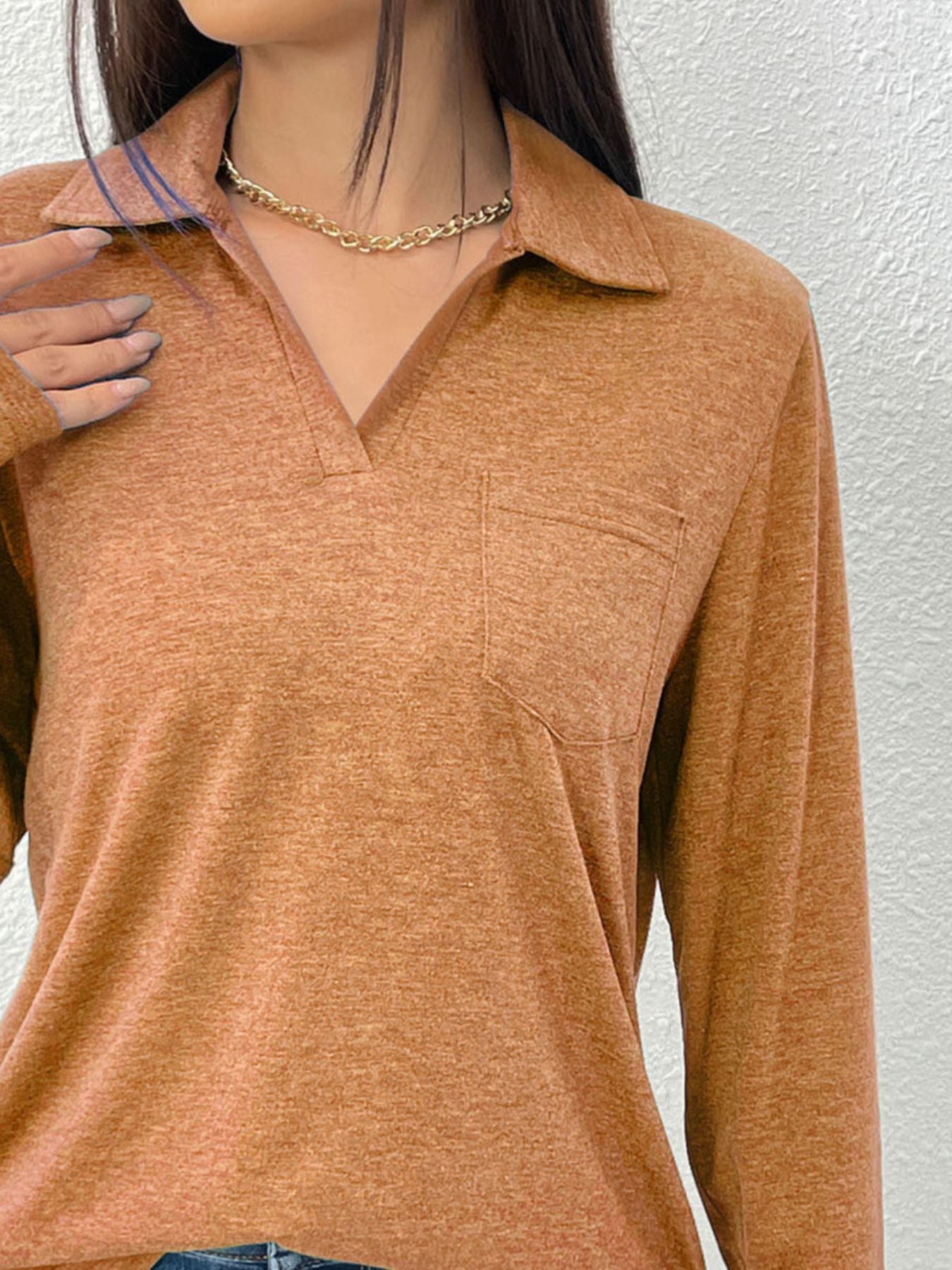 Cedar & Moore Collared Neck Long Sleeve T-Shirt in rust with front chest pocket.