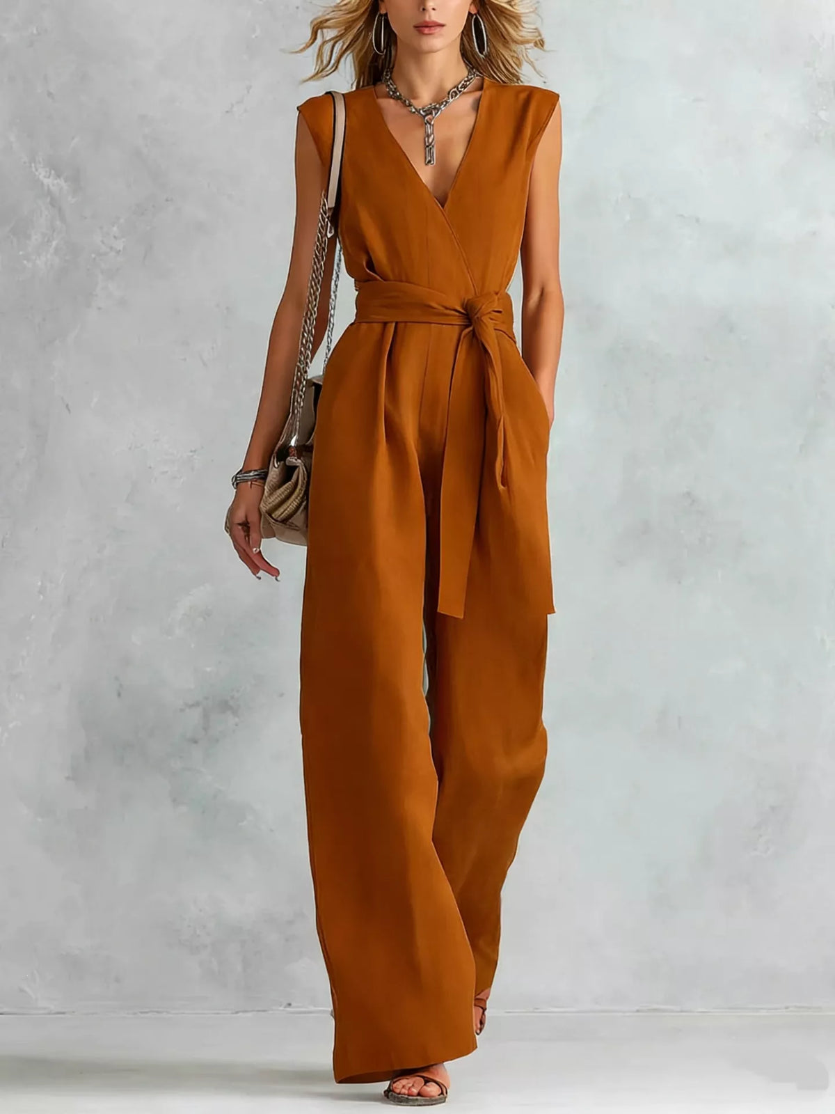 Copper sleeveless wide-leg jumpsuit with V-neck and tied waist belt