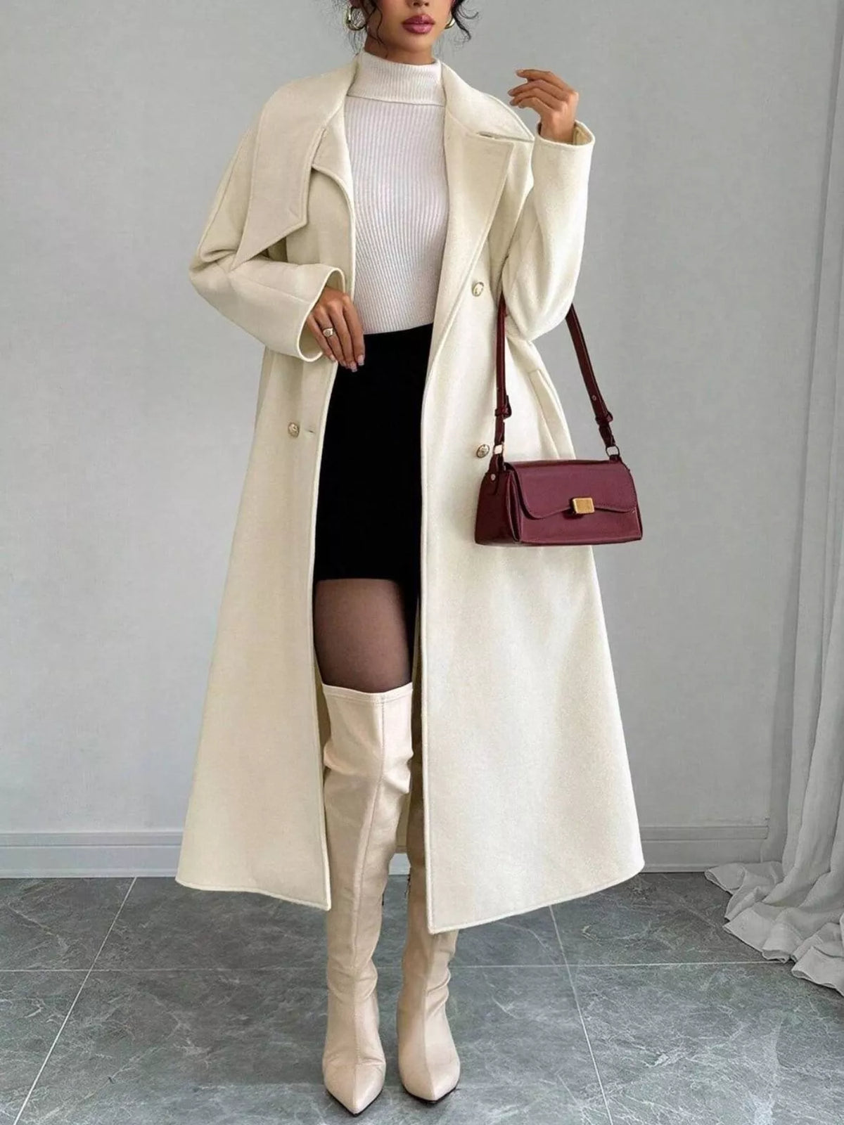 Longline belted double-breasted coat, off-white, with button front and tie belt