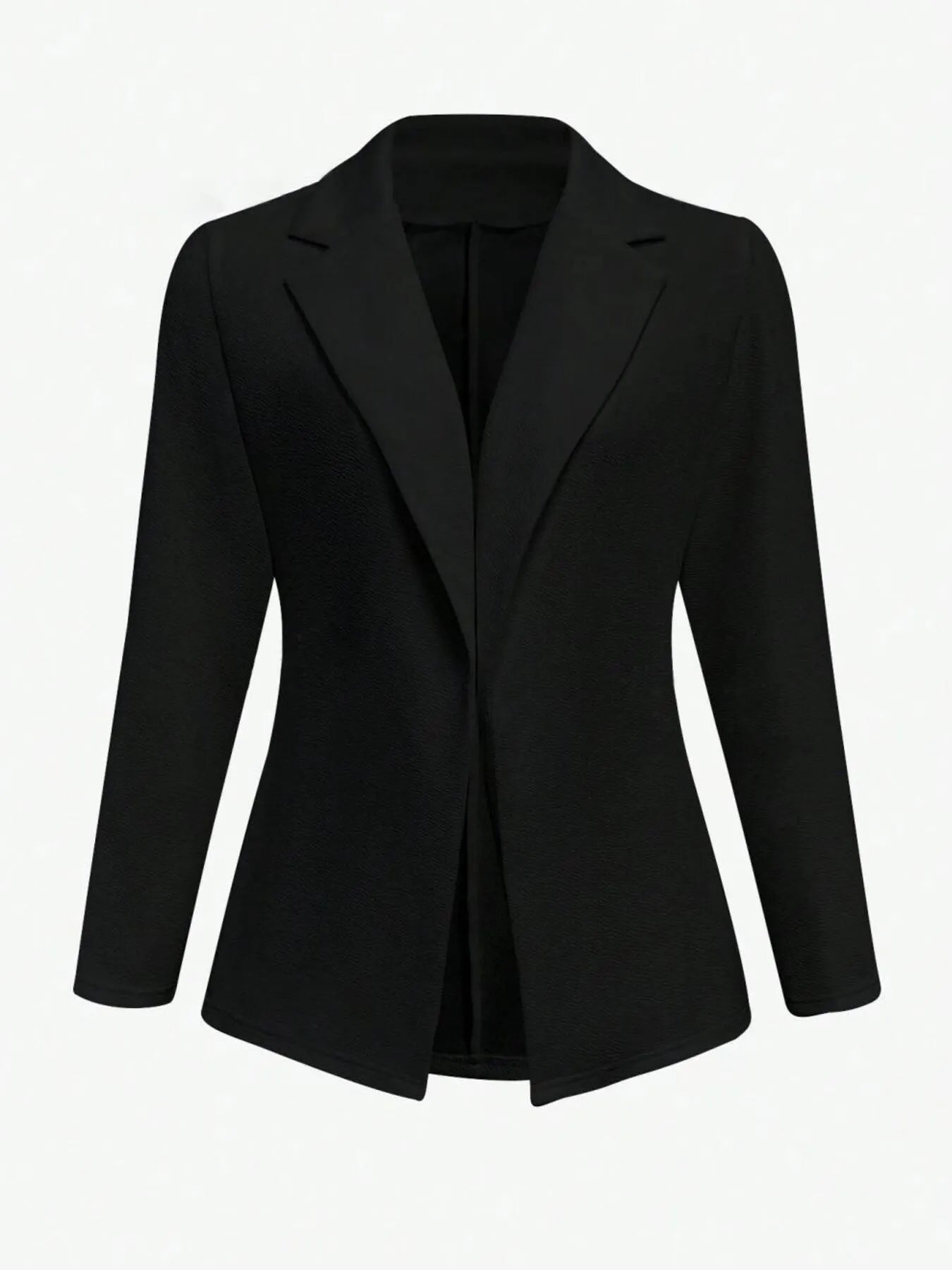 Black blazer with notched lapel and fitted open-front silhouette