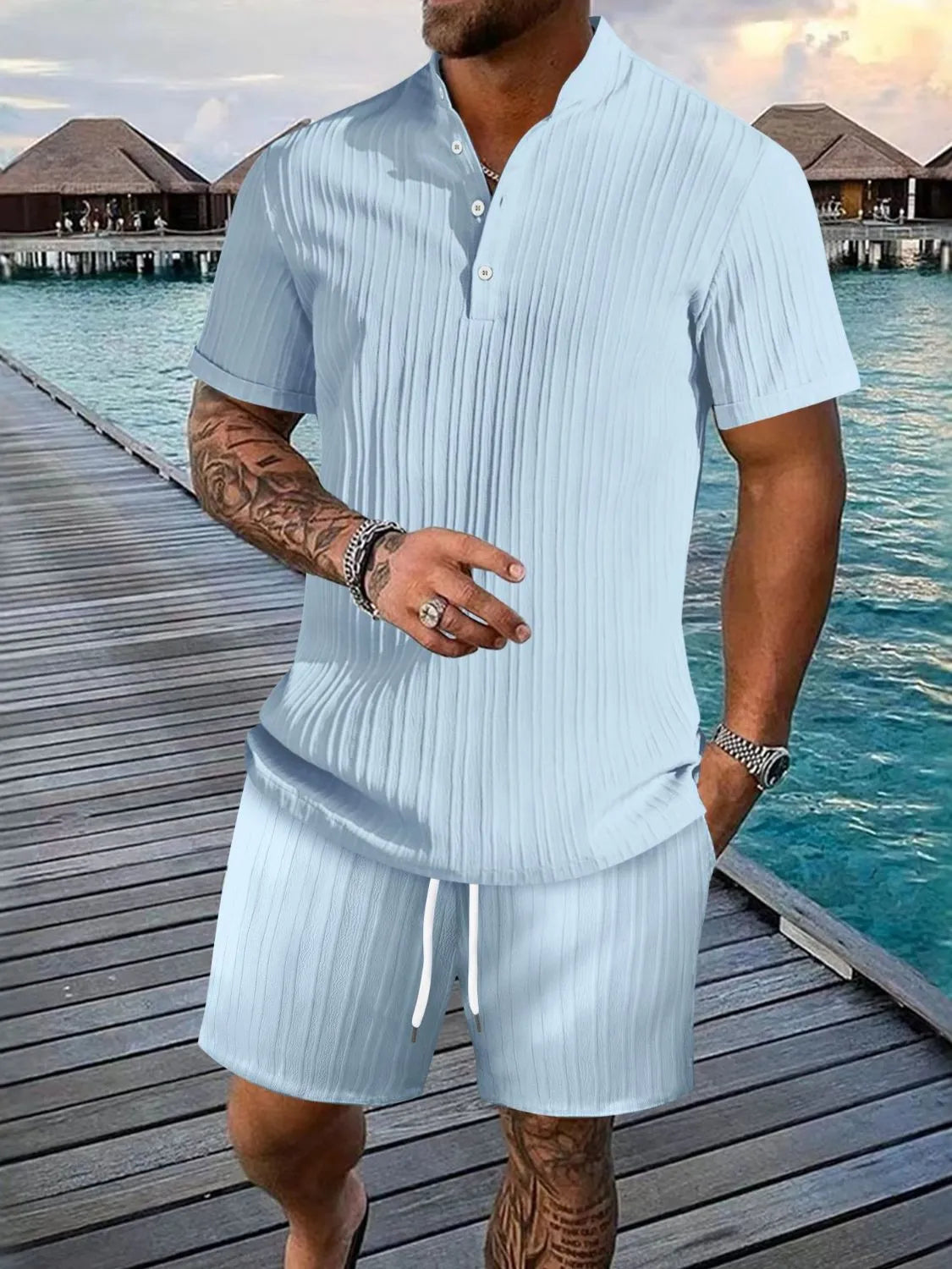 Men's ribbed short sleeve button top and matching drawstring shorts set, light blue