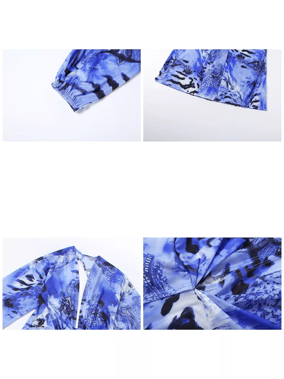 Printed long-sleeve maxi dress bodice with deep V neckline, blue pattern detail