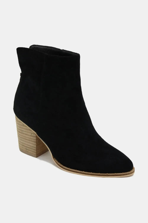 Black suede point-toe ankle boots with block heel; wide cuff