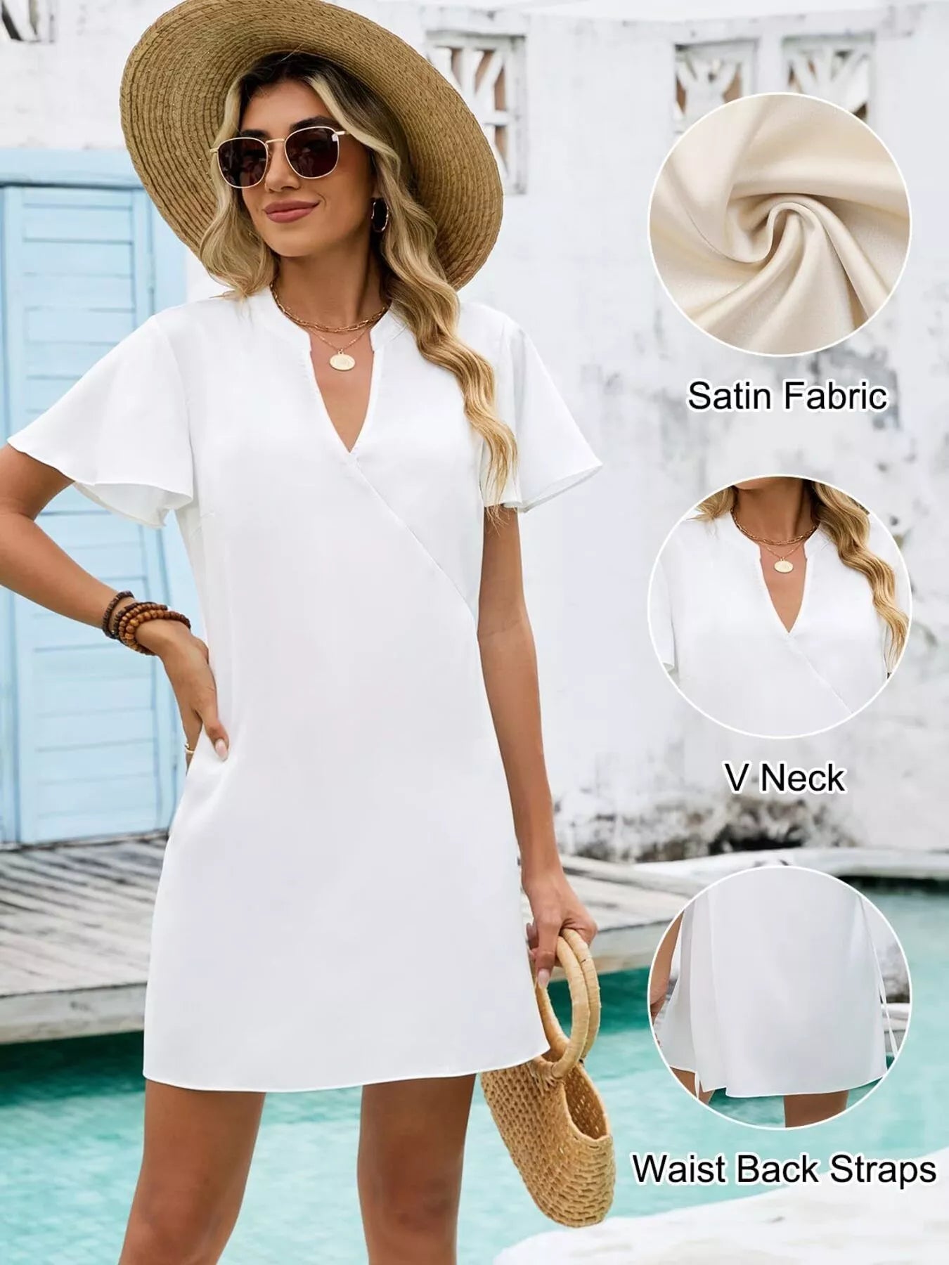 Cedar & Moore Notched Flutter Sleeve Mini Dress, white satin fabric, V-neck