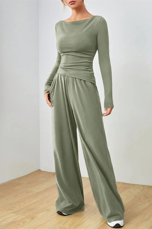 Matcha green boat-neck long-sleeve top and wide-leg pants set