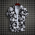 Black short-sleeve casual shirt with white floral print, open collar