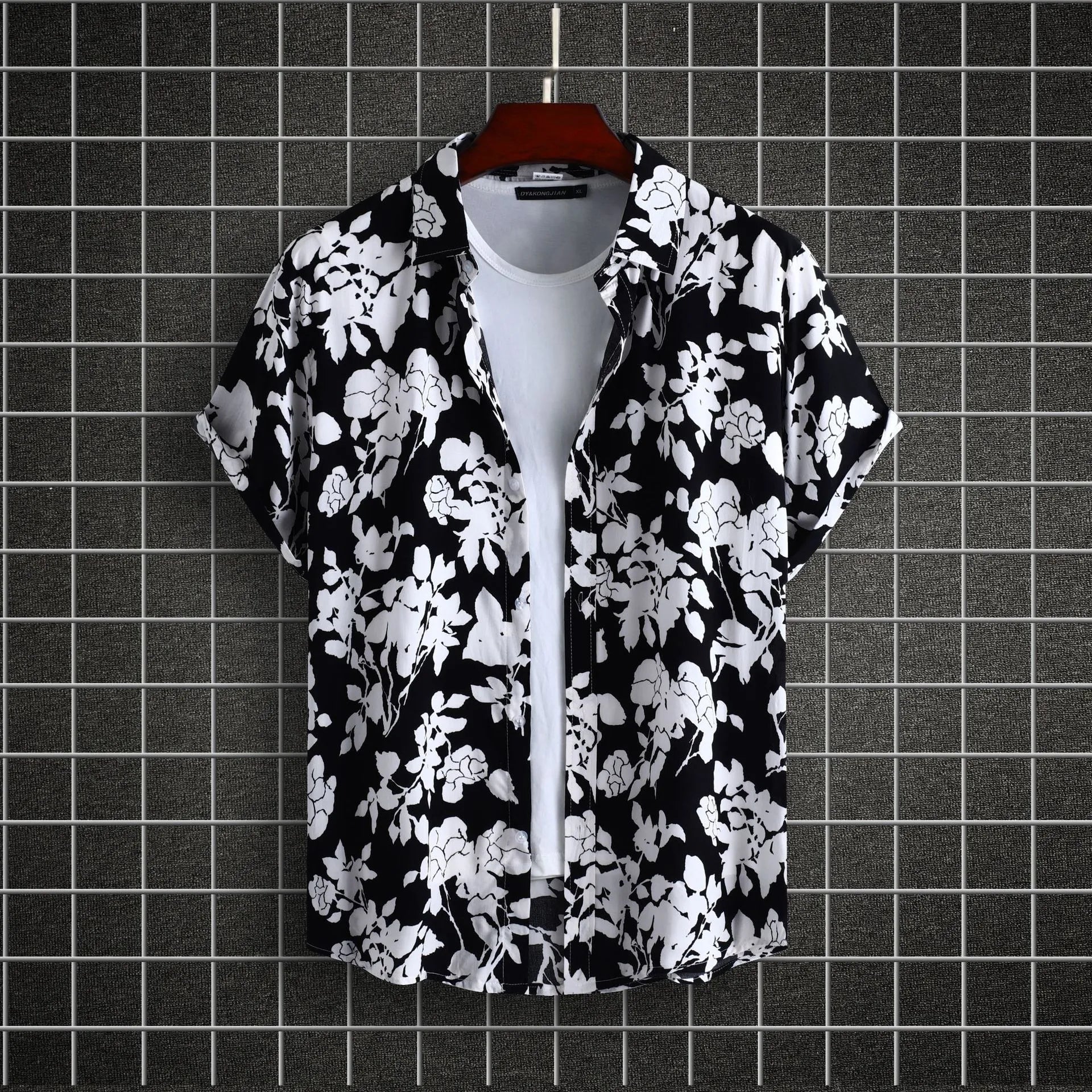 Black short-sleeve casual shirt with white floral print, open collar