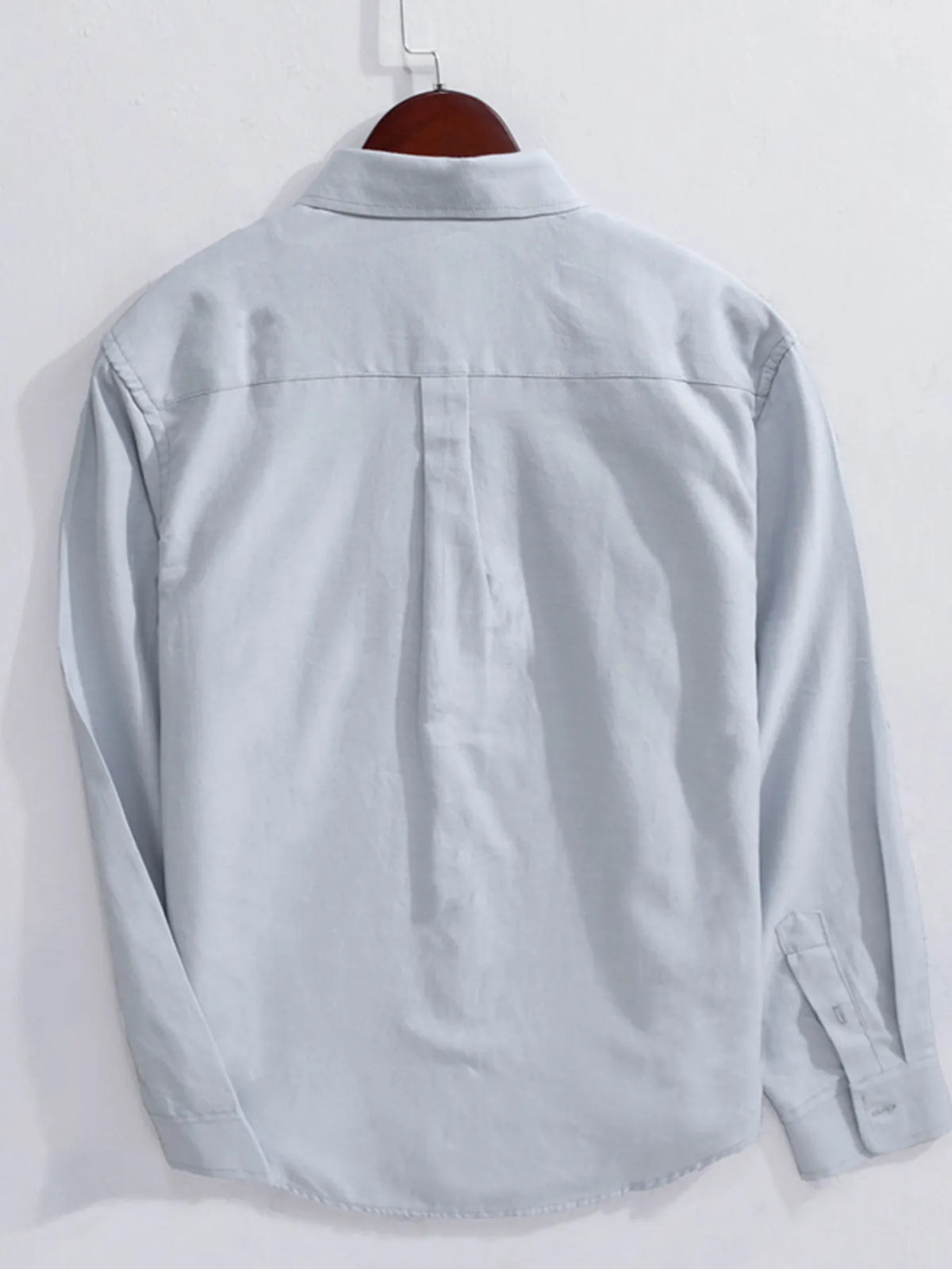 Men's cotton button-up long sleeve shirt, light gray, back view with yoke seam