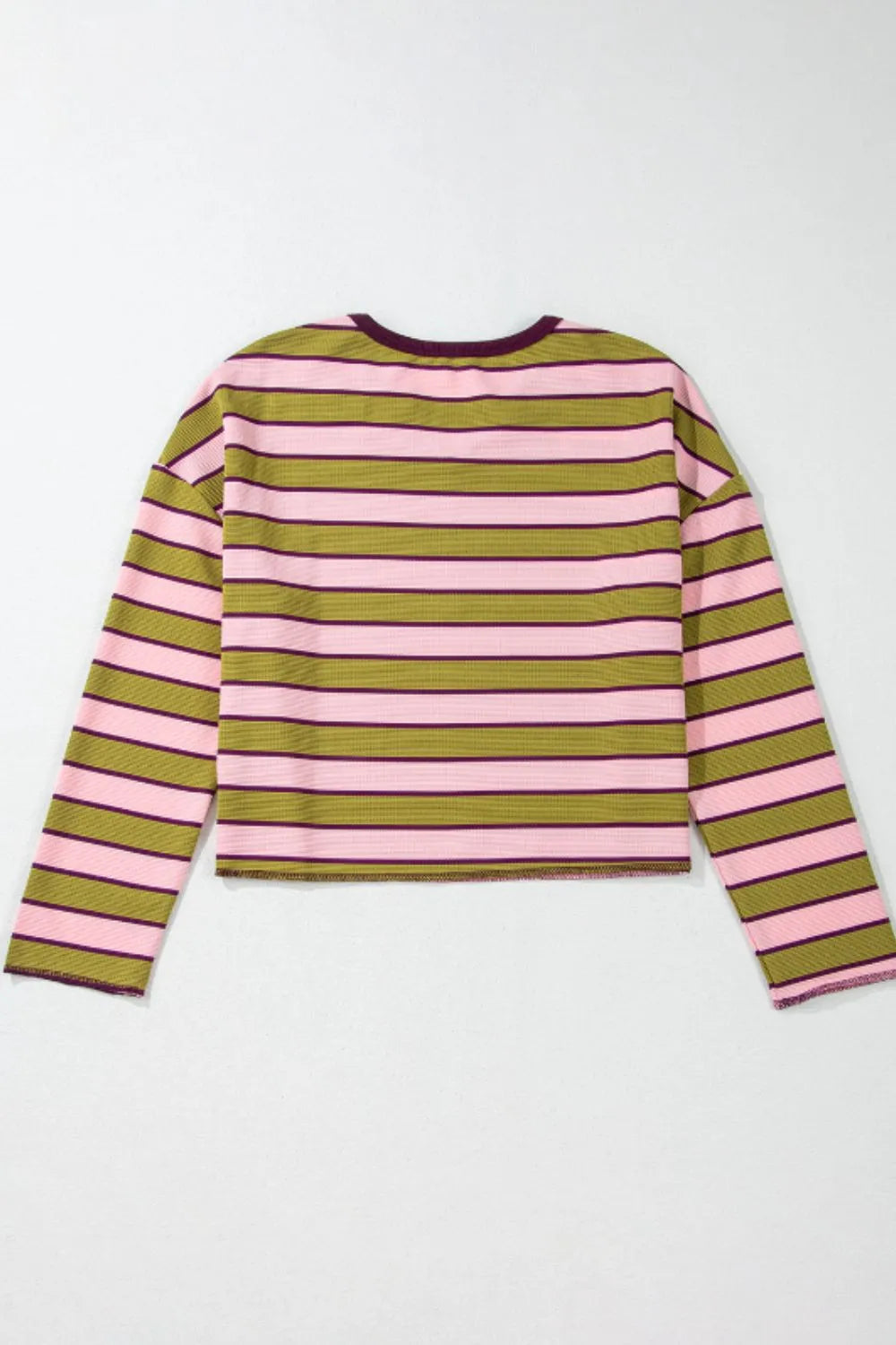 Striped long-sleeve T-shirt back view with round neck, pink and green and purple stripes