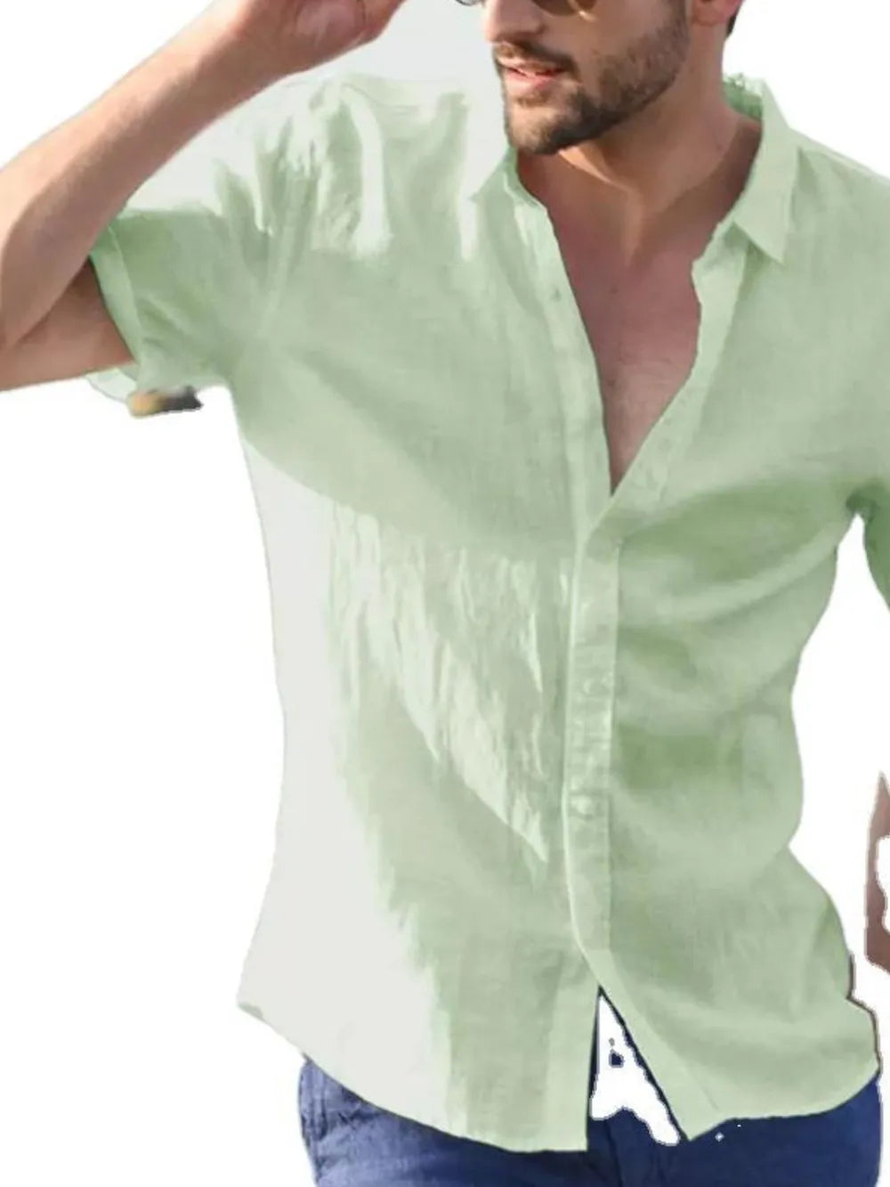 Men's short-sleeve button-down shirt, light green, front view with button placket