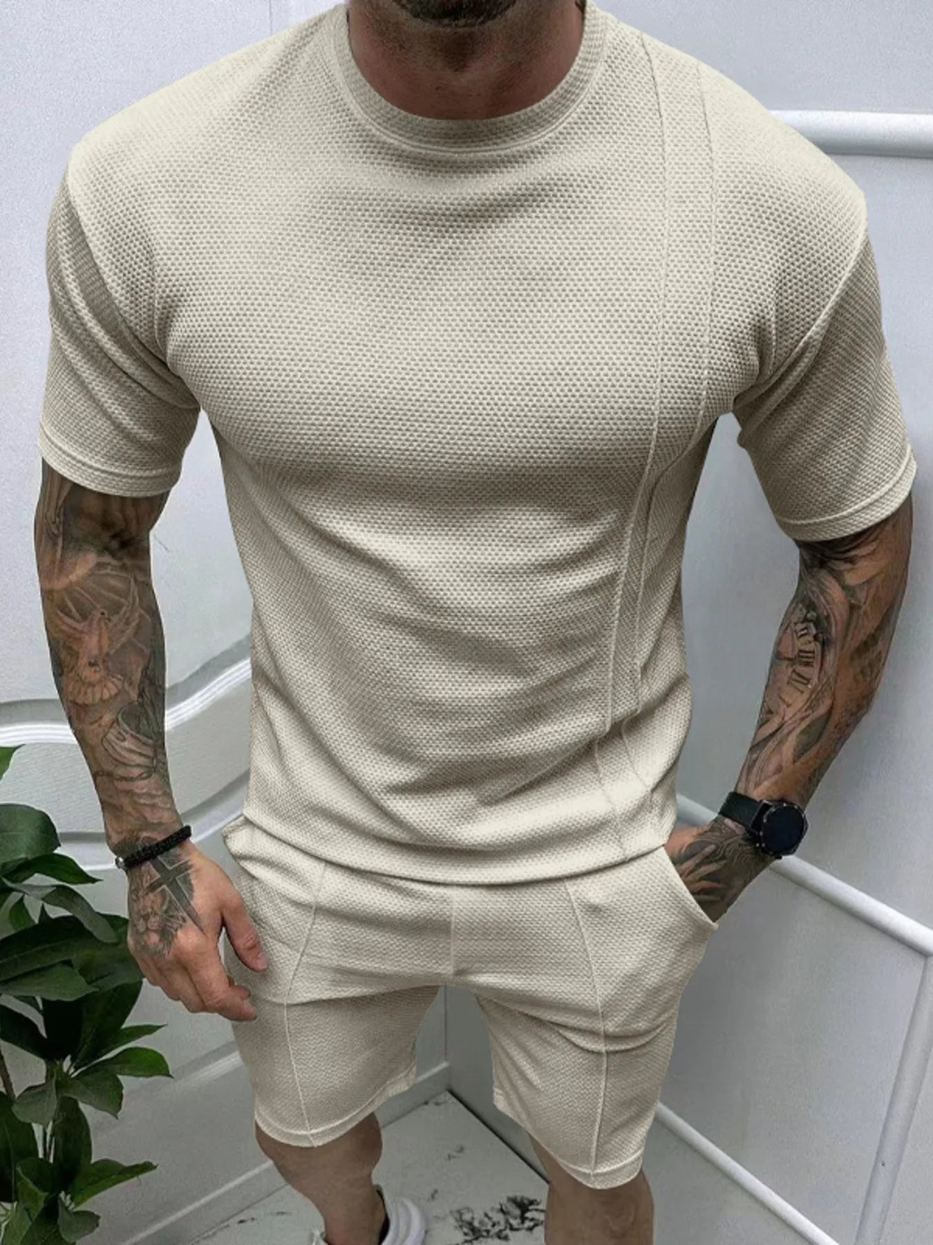Khaki men's round-neck tee and elastic-waist shorts set