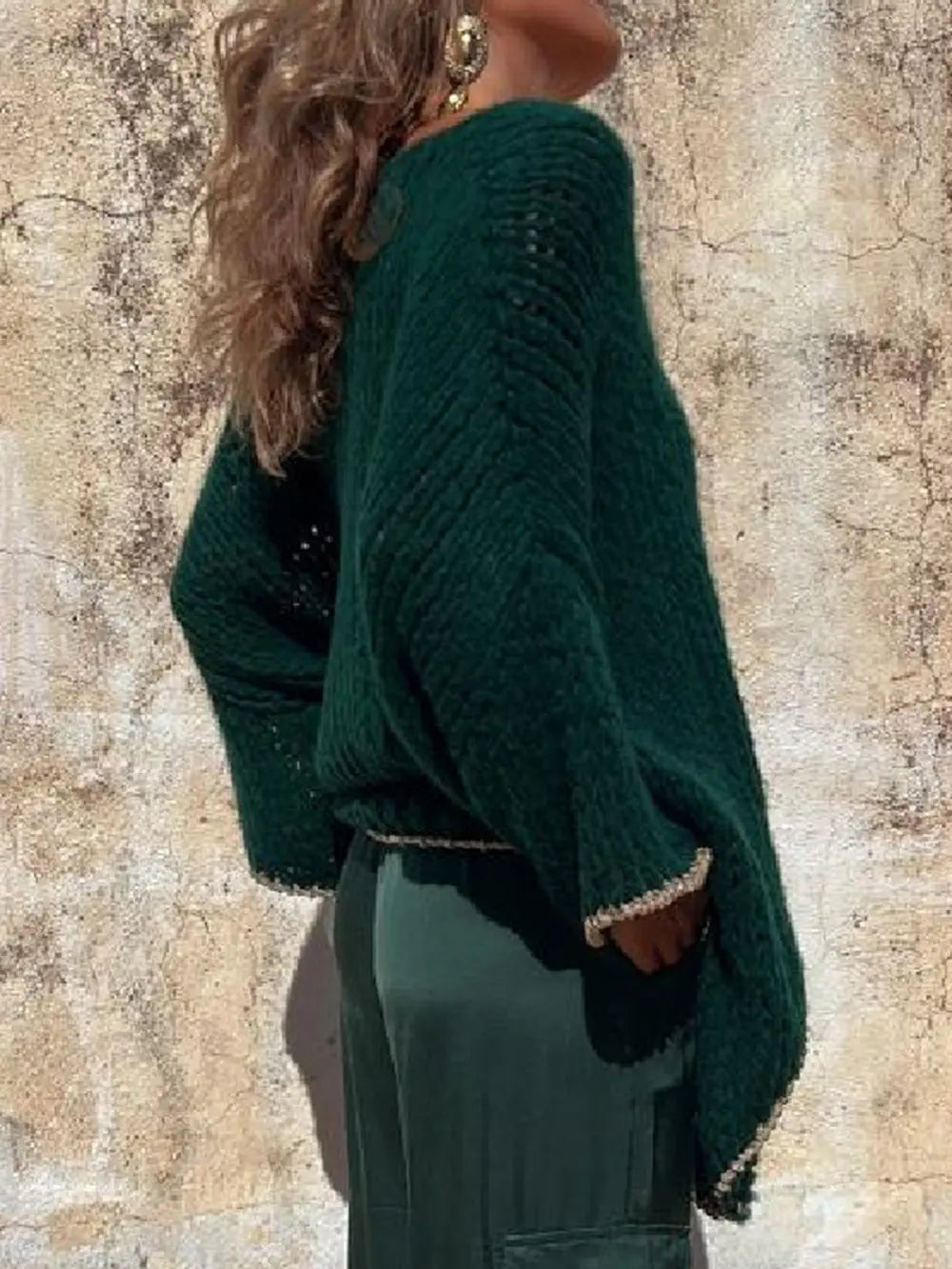 Dark green long sleeve V-neck sweater, textured knit and loose shoulder