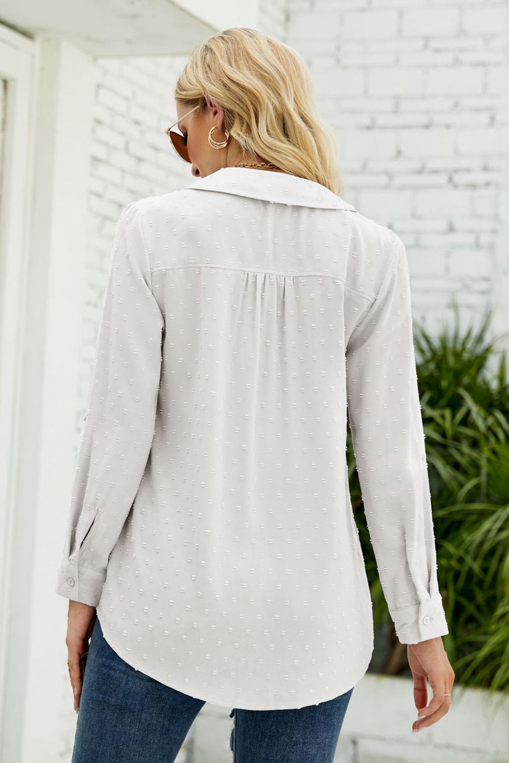 Swiss dot johnny collar blouse, white back with stand collar and button placket