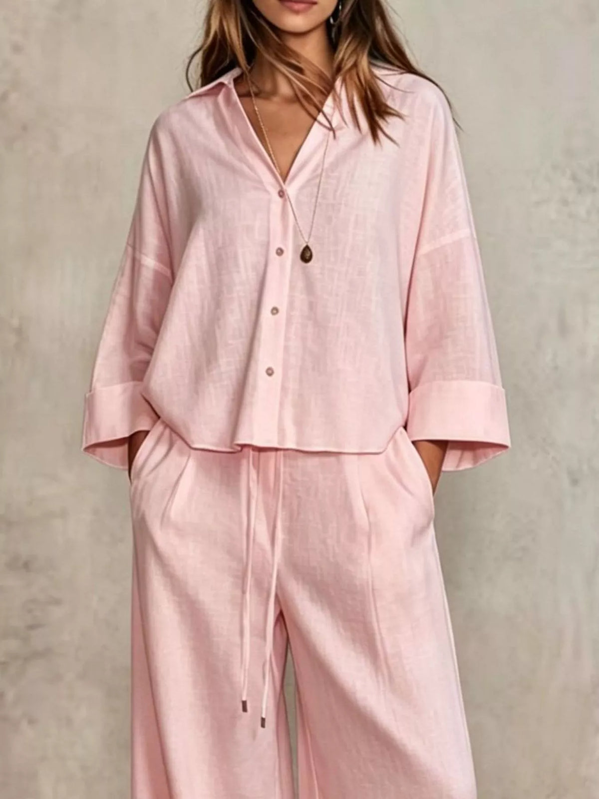 Pink wide leg button-down shirt and pants set, front button placket and matching pants