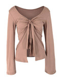 Tie-front long sleeve top in taupe, scoop neckline with center bow and draped front