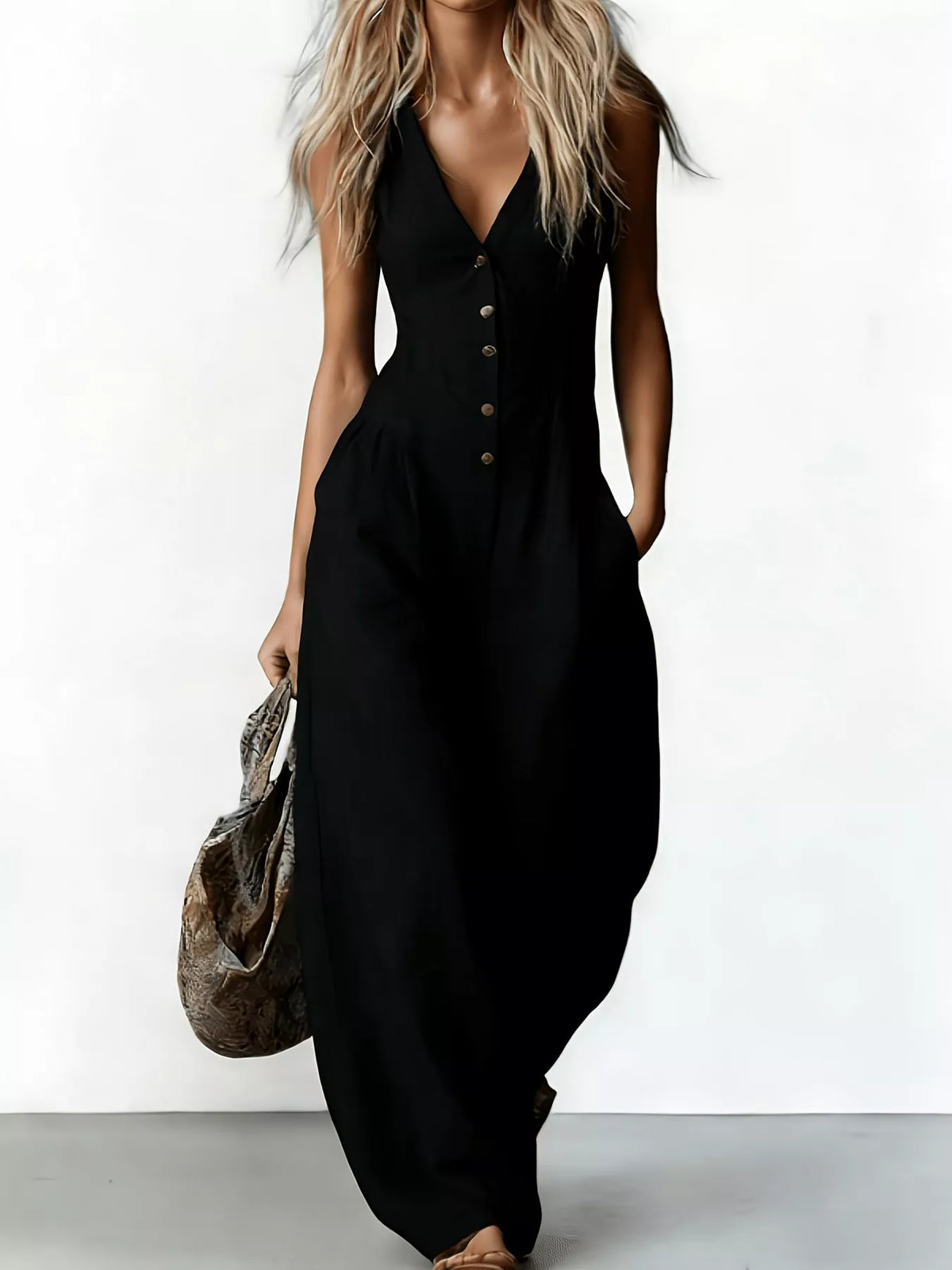 Black sleeveless V-neck button-front wide-leg jumpsuit