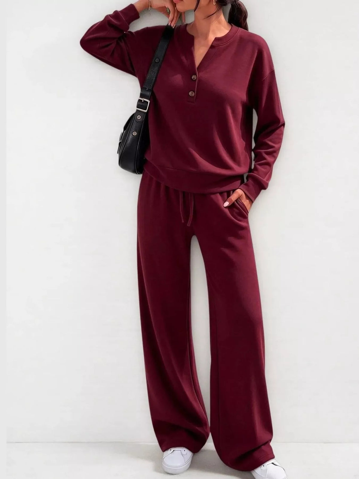 Women’s burgundy button-front top and wide-leg lounge pants set with drawstring waist
