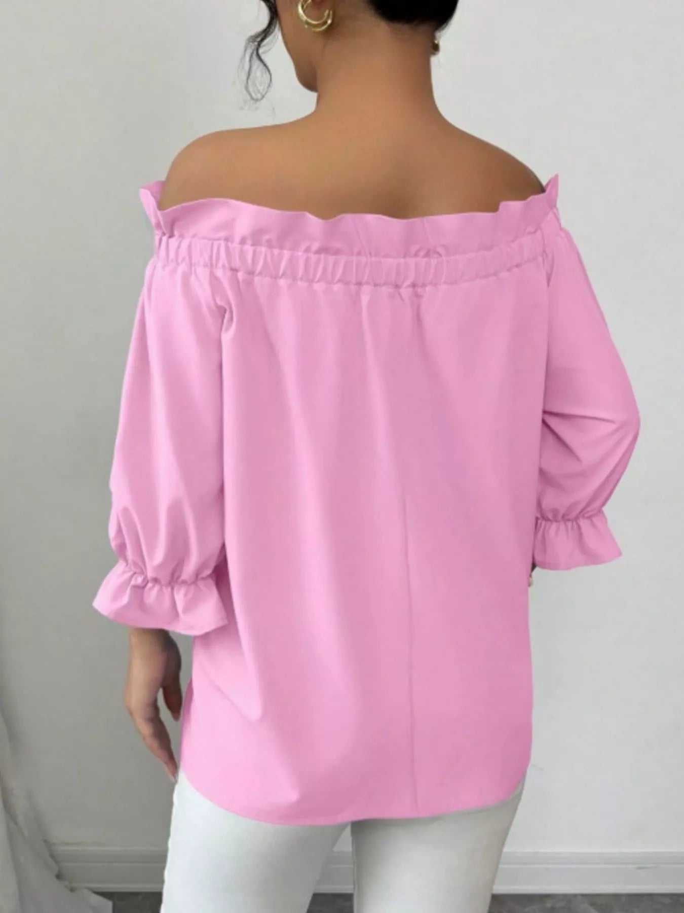 Bow Flounce Sleeve Blouse, pink off-shoulder top with ruffled neckline and puff sleeves