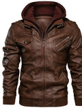 Men's hooded moto jacket in brown vegan leather, zip front with zip chest pocket