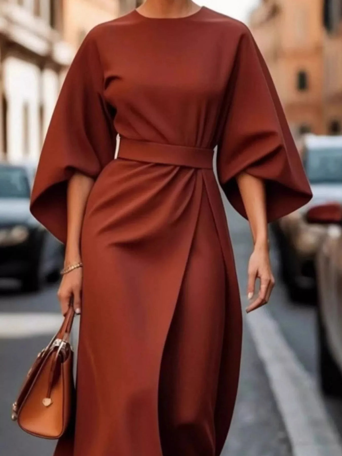 Women\'s rust red belted midi dress with kimono sleeves and high waist wrap
