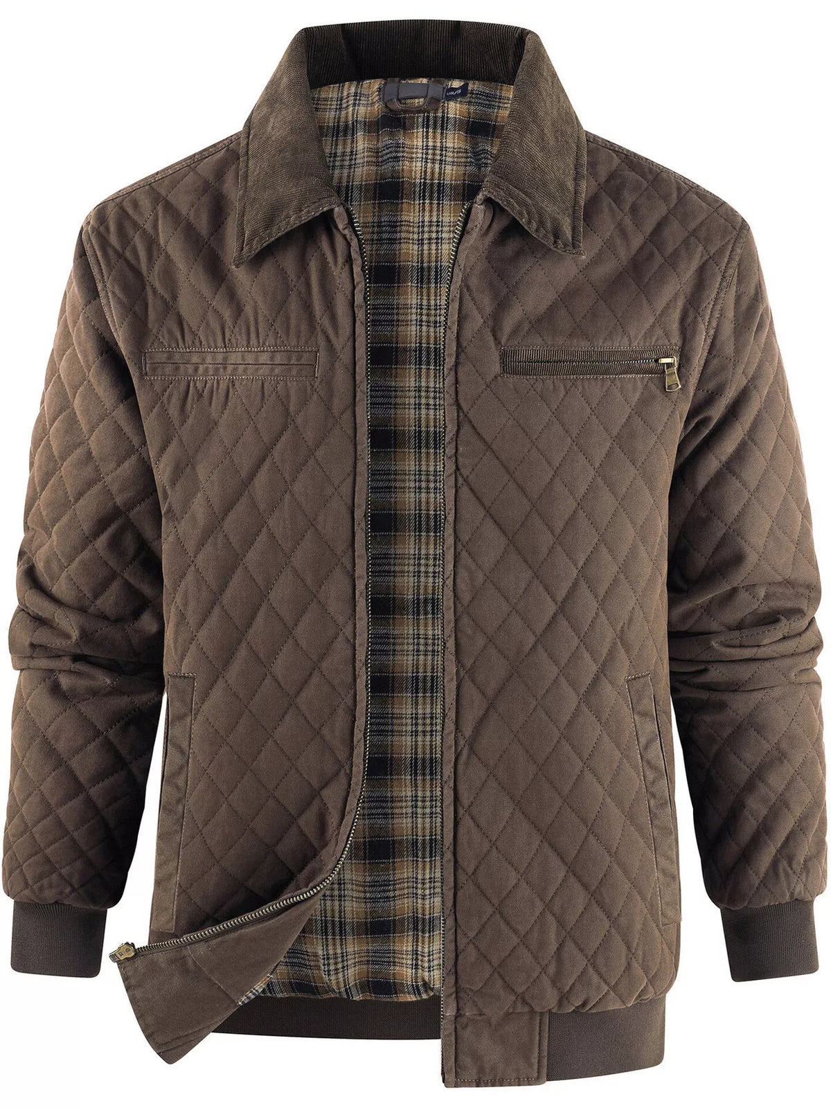 Brown quilted zip jacket with blue plaid lining, stand collar, and zip pockets