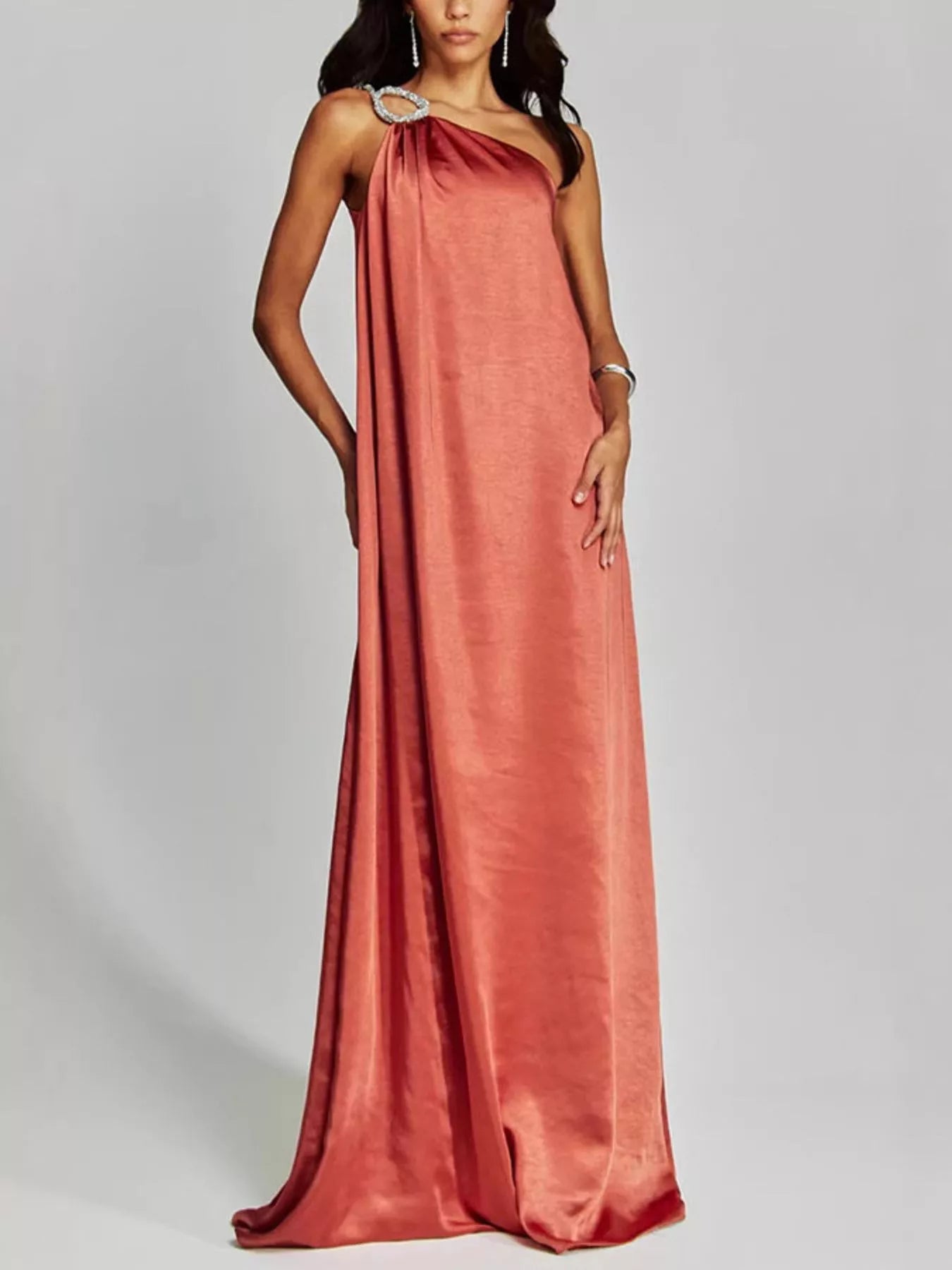Cedar & Moore One-Shoulder Rhinestone Satin Maxi Dress in rose color with jeweled shoulder strap