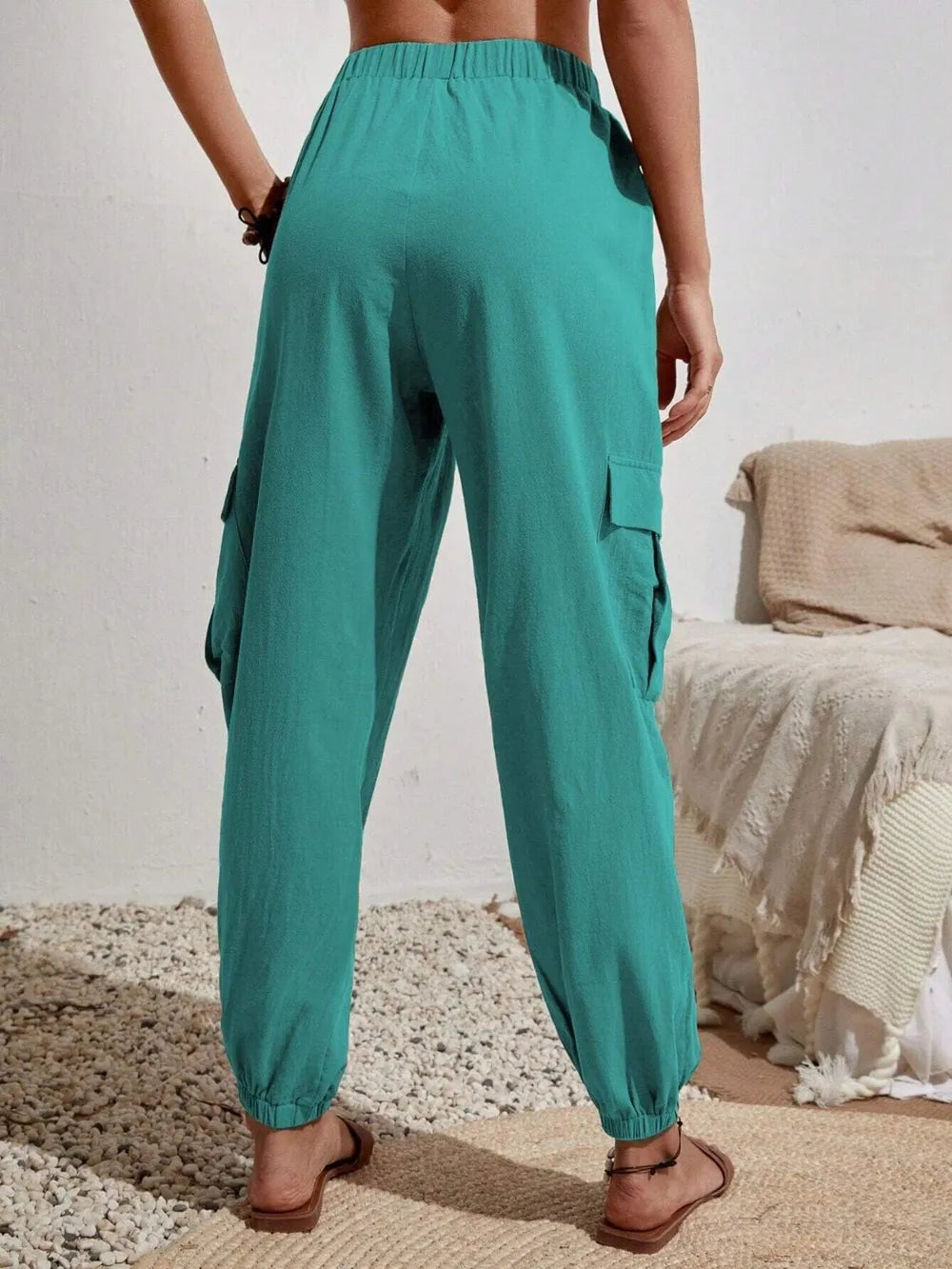 Drawstring cargo joggers in bright teal, drawstring waist, cargo flap pockets