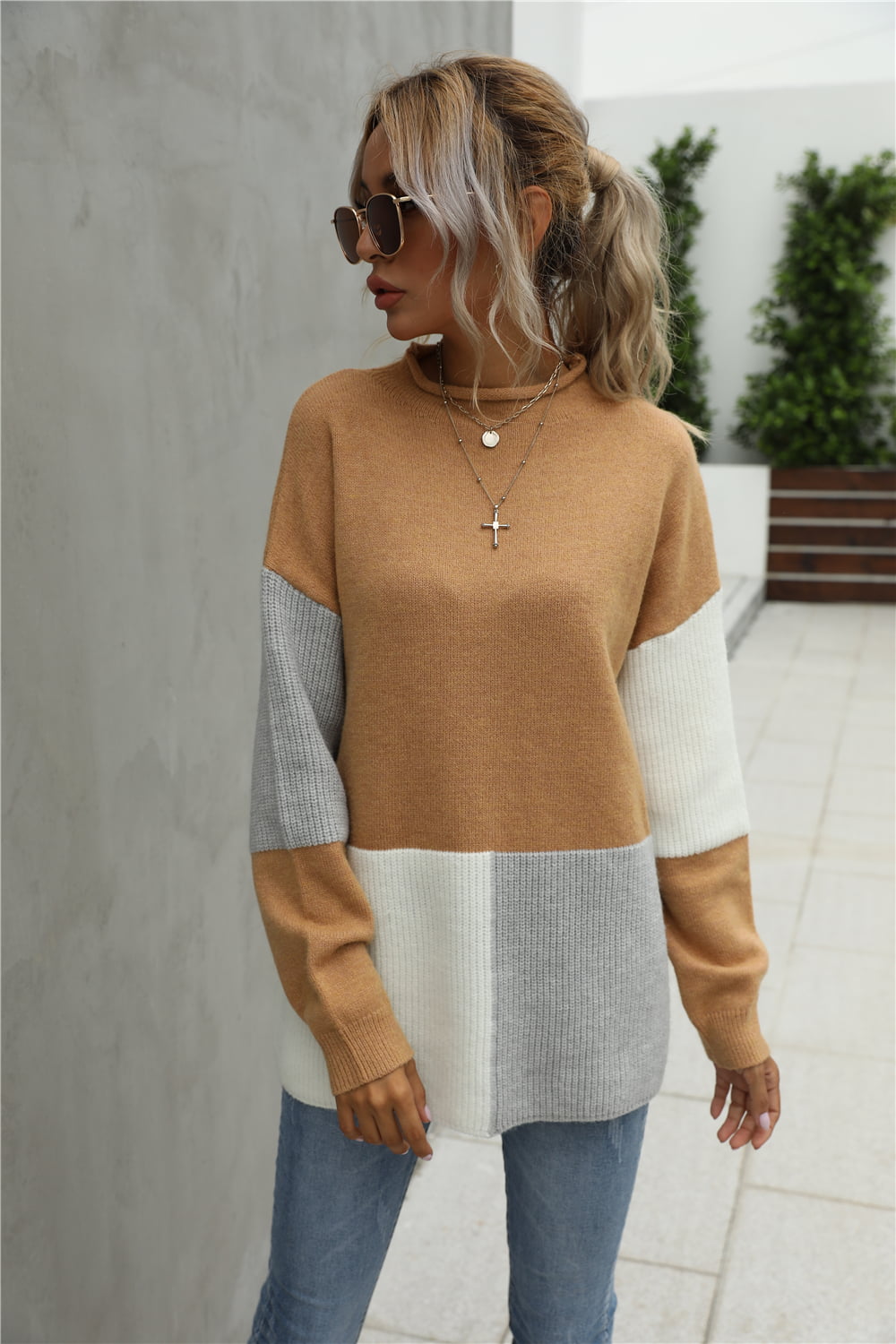 Tan and light-gray color-block round-neck sweater with dropped shoulders, long sleeves