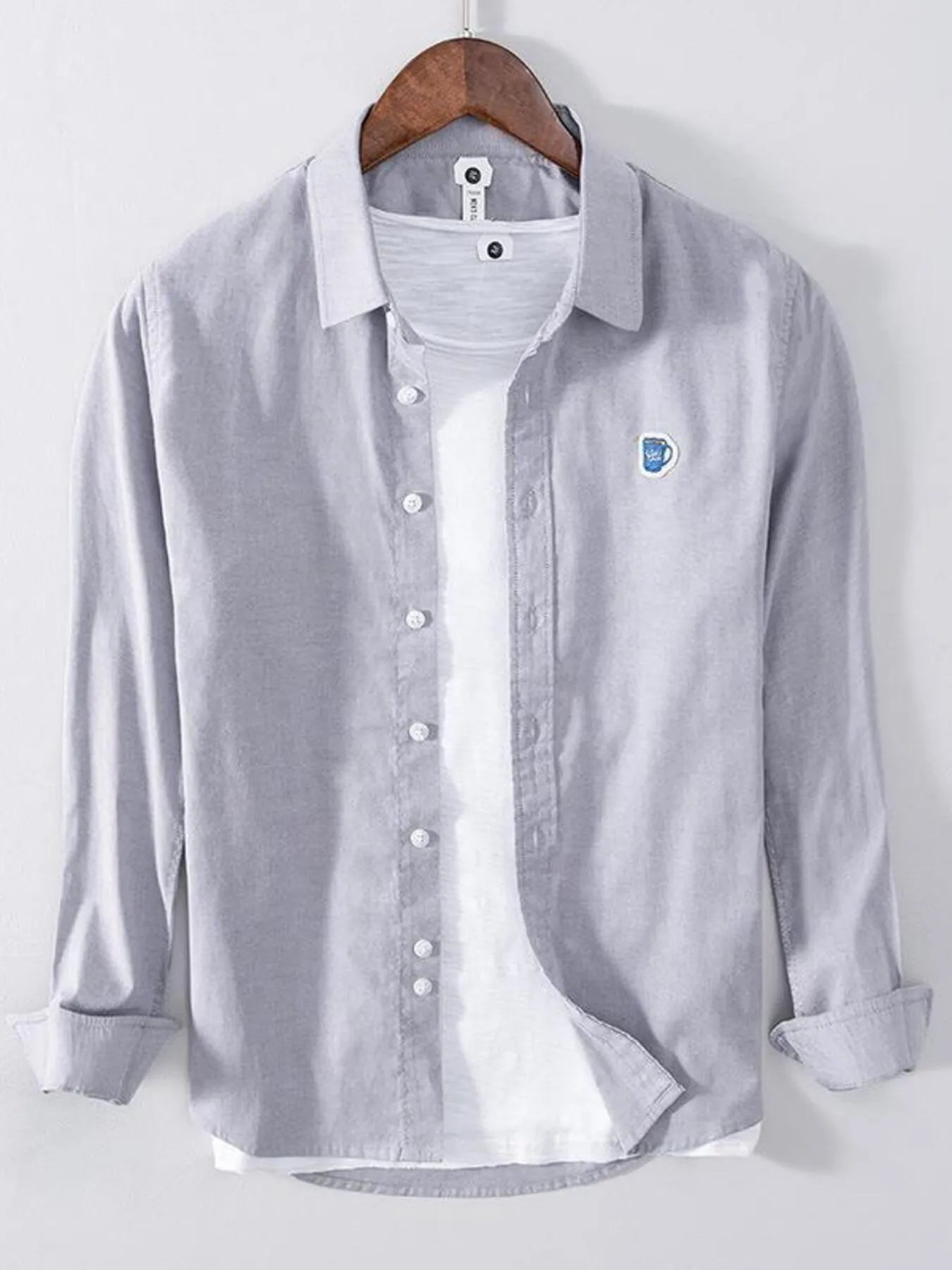Plus size button-up long sleeve shirt, light gray with white contrast placket