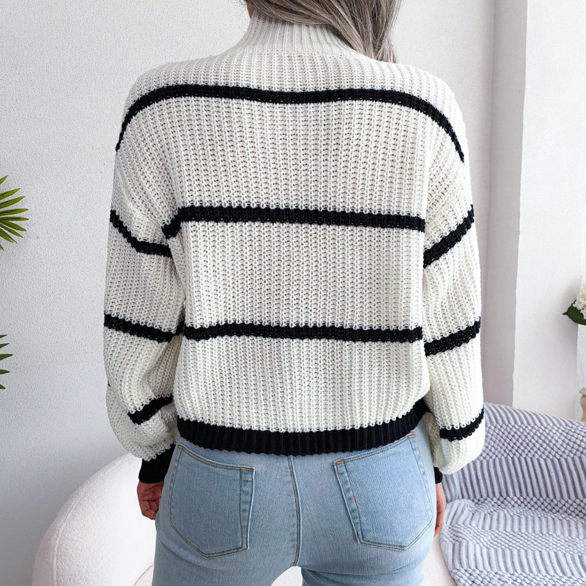 Mock neck striped knit sweater, light gray with black bands, ribbed hem and cuffs