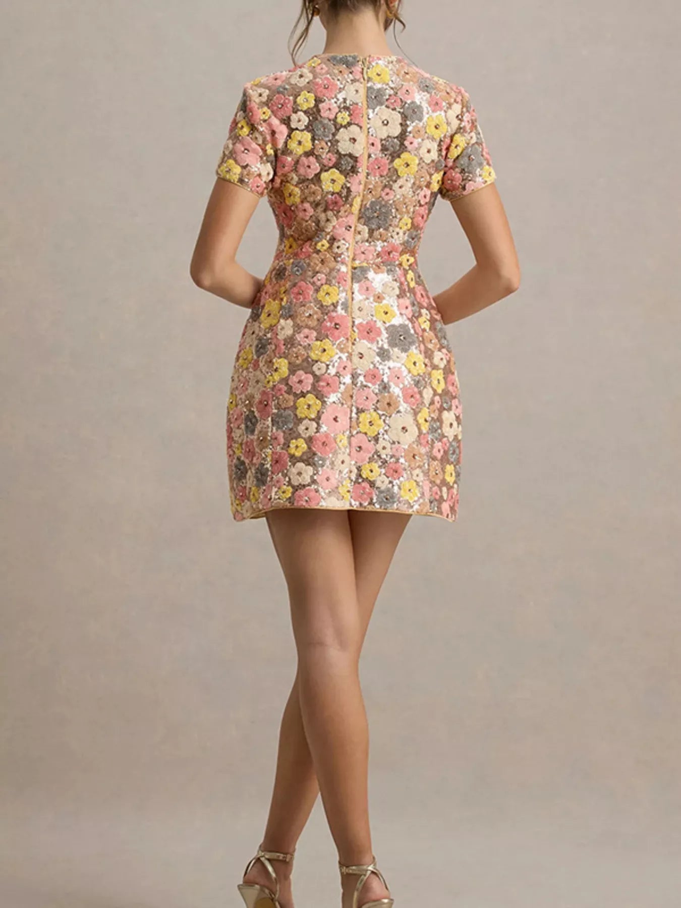 Cedar & Moore Floral sequin short sleeve mini dress with back zipper.