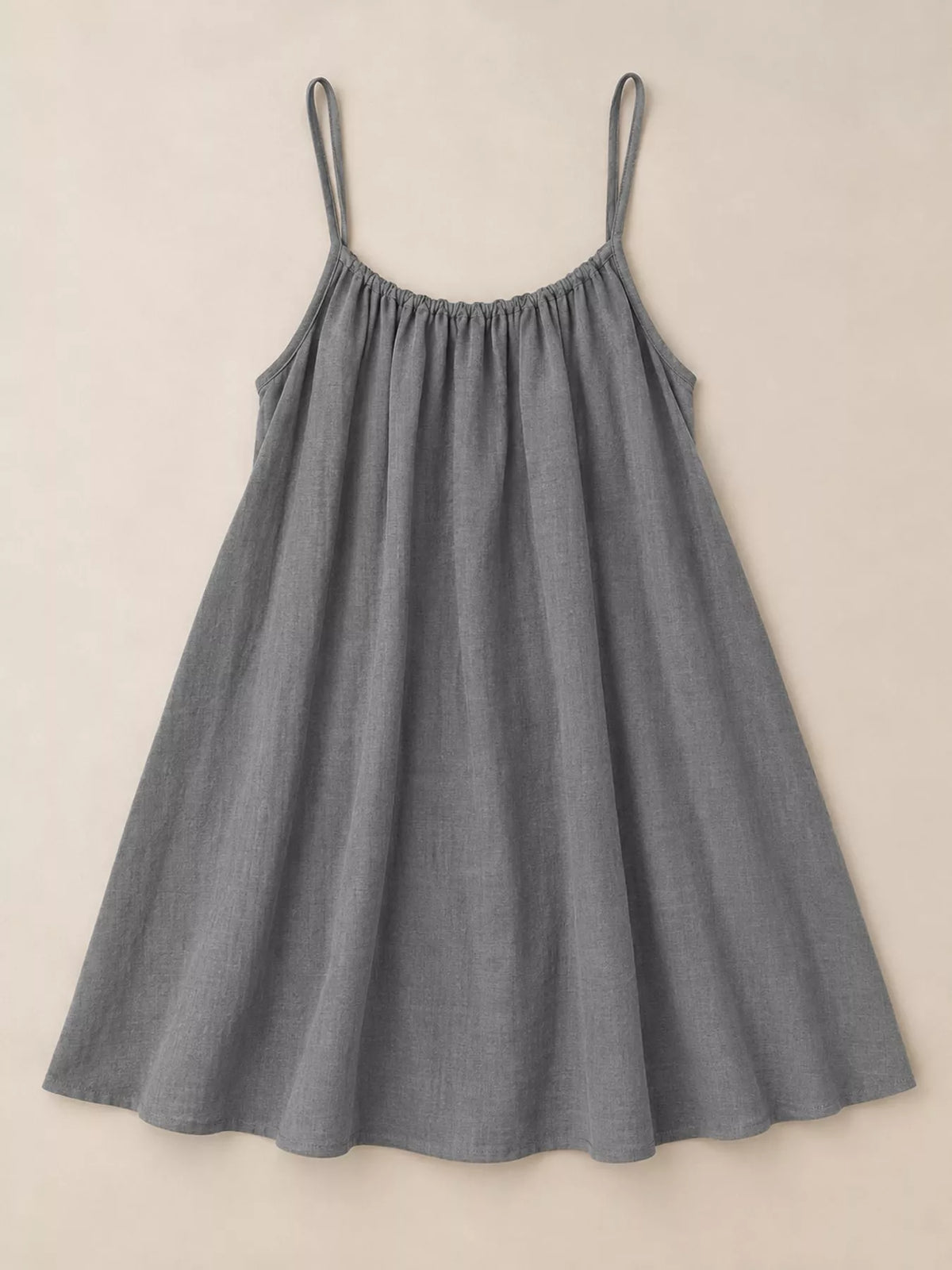 Gray spaghetti strap ruched mini dress, sleeveless with elastic neckline