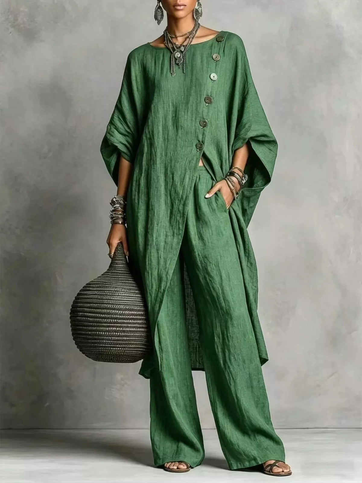 Green button-front tunic and wide-leg pants set, loose fit with side pockets
