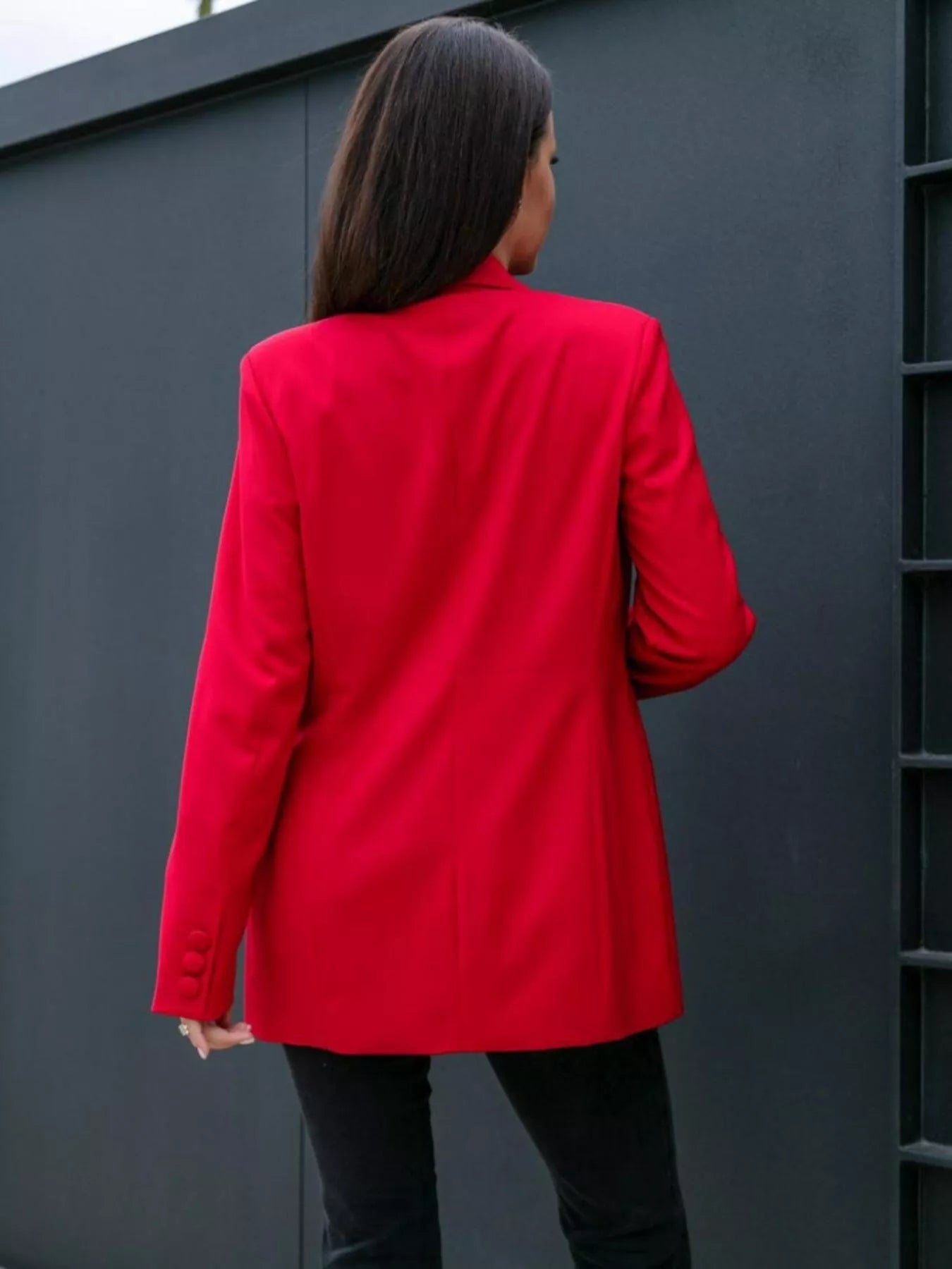 Red long-sleeve blazer with lapel collar, back view